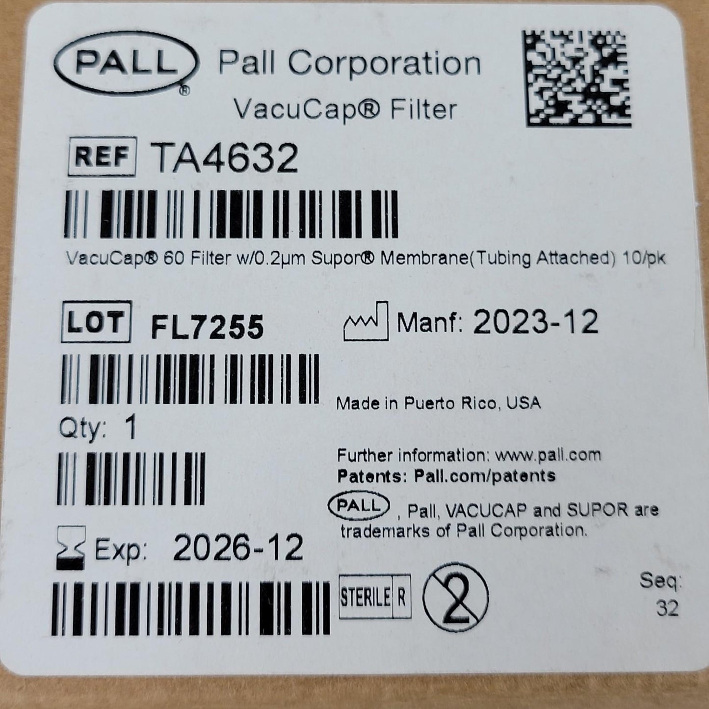 8-Pack Pall TA4632 VacuCap 60 Filter 0.2µm Supor Membrane Tubing Attached