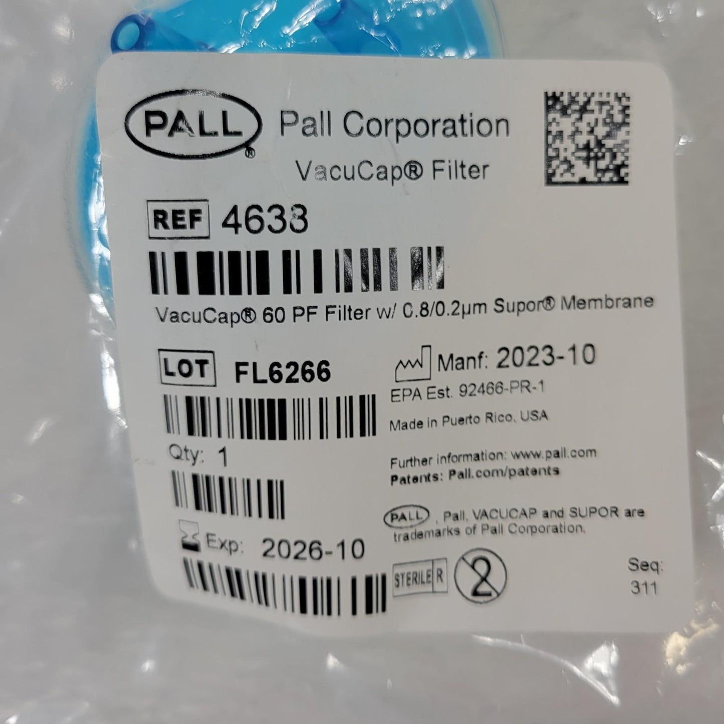 Pall 4633 VacuCap 60 PF Filter 0.8/0.2µm Supor Membrane 4623 Feedline Accessory