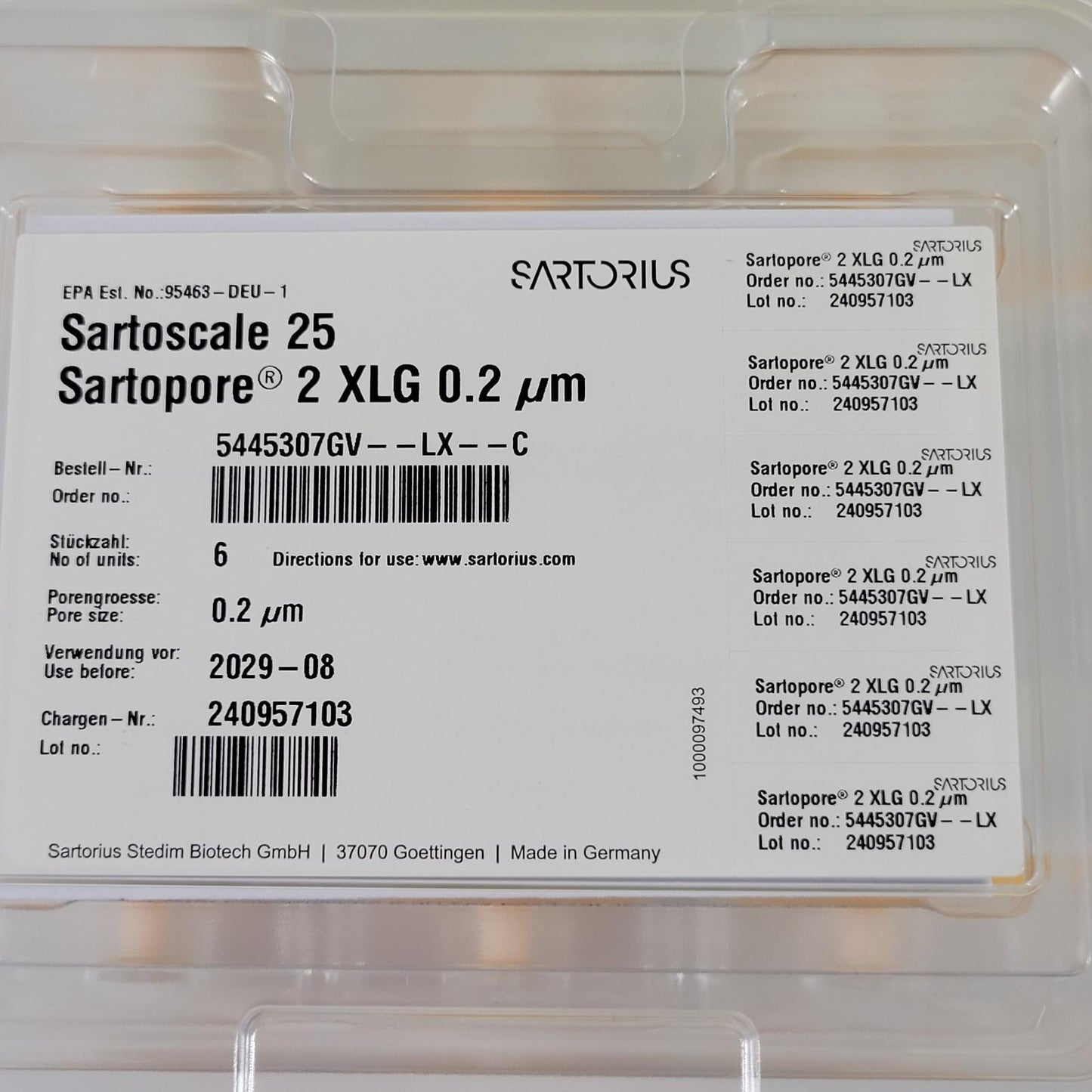 6 Pack Sartorius 5445307GV--LX--C Sartoscale 25 Sartopore 2 XLG 0.2µm