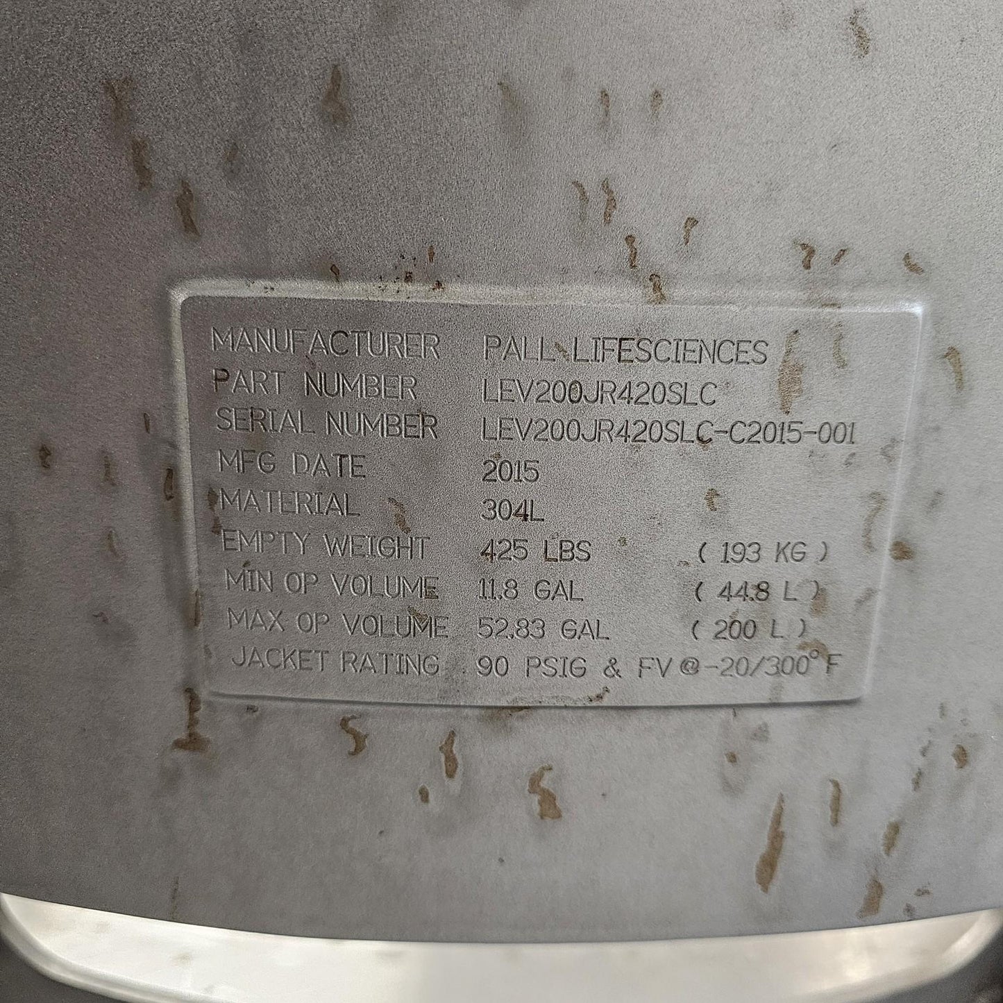 PALL Life Sciences 200L Jacketed Tank SS 304L Single Use Mixer LEV200JR420SLC