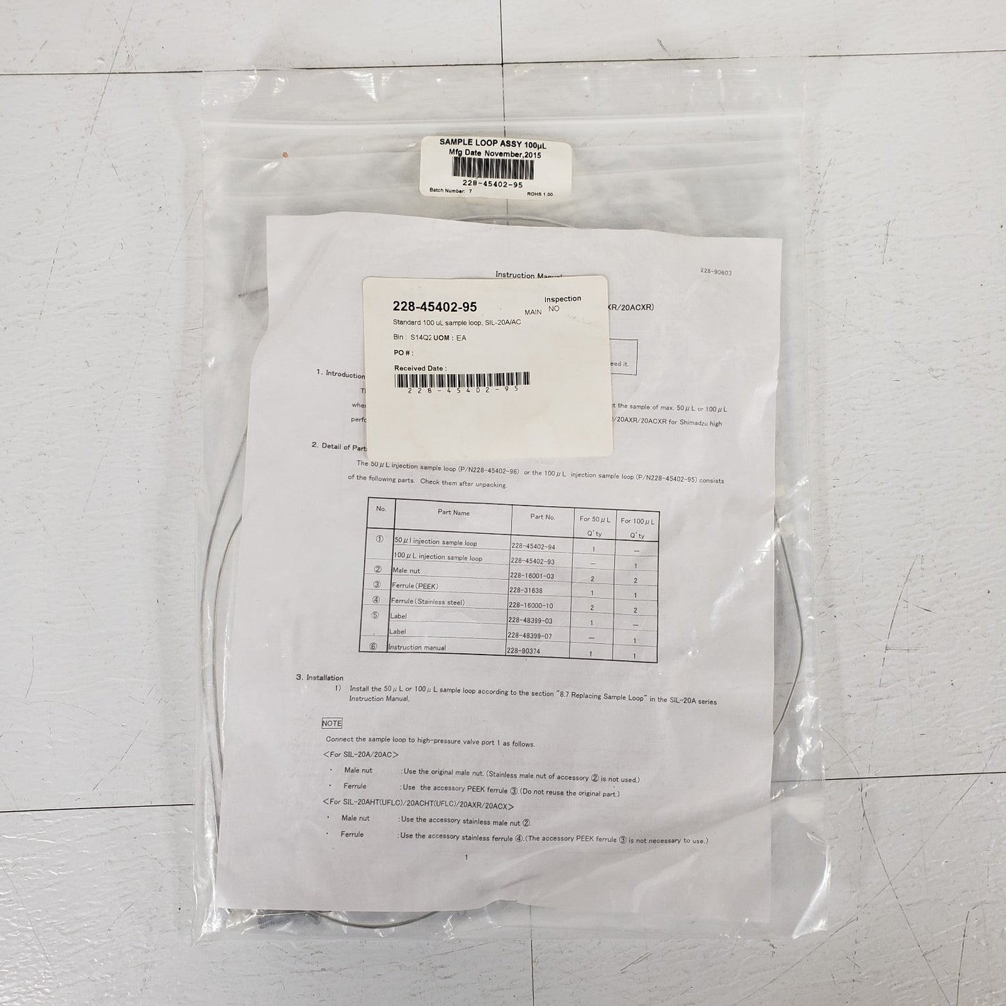 Shimadzu 228-45402-95 100uL Sample Loop For SIL-20A/AC With Instruction Manual