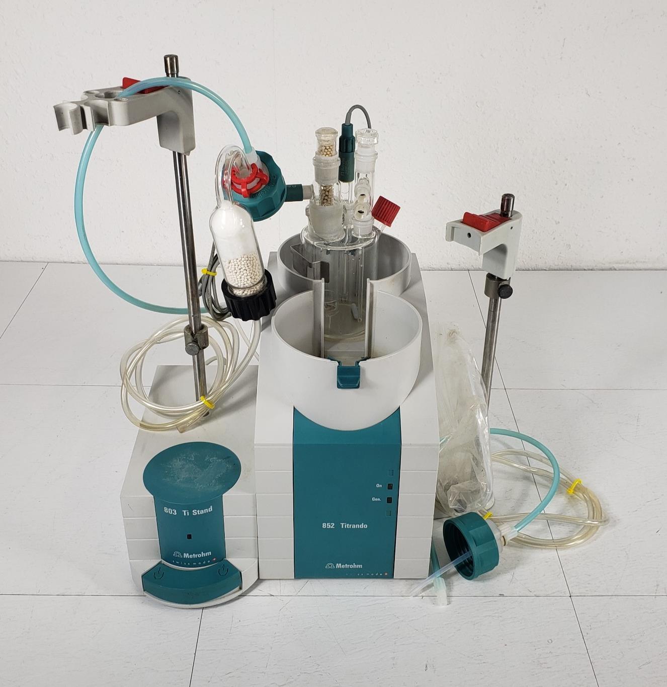 Metrohm 852 Titrando and 803 Ti Stand with Assorted Glassware, Tubing, and Rods