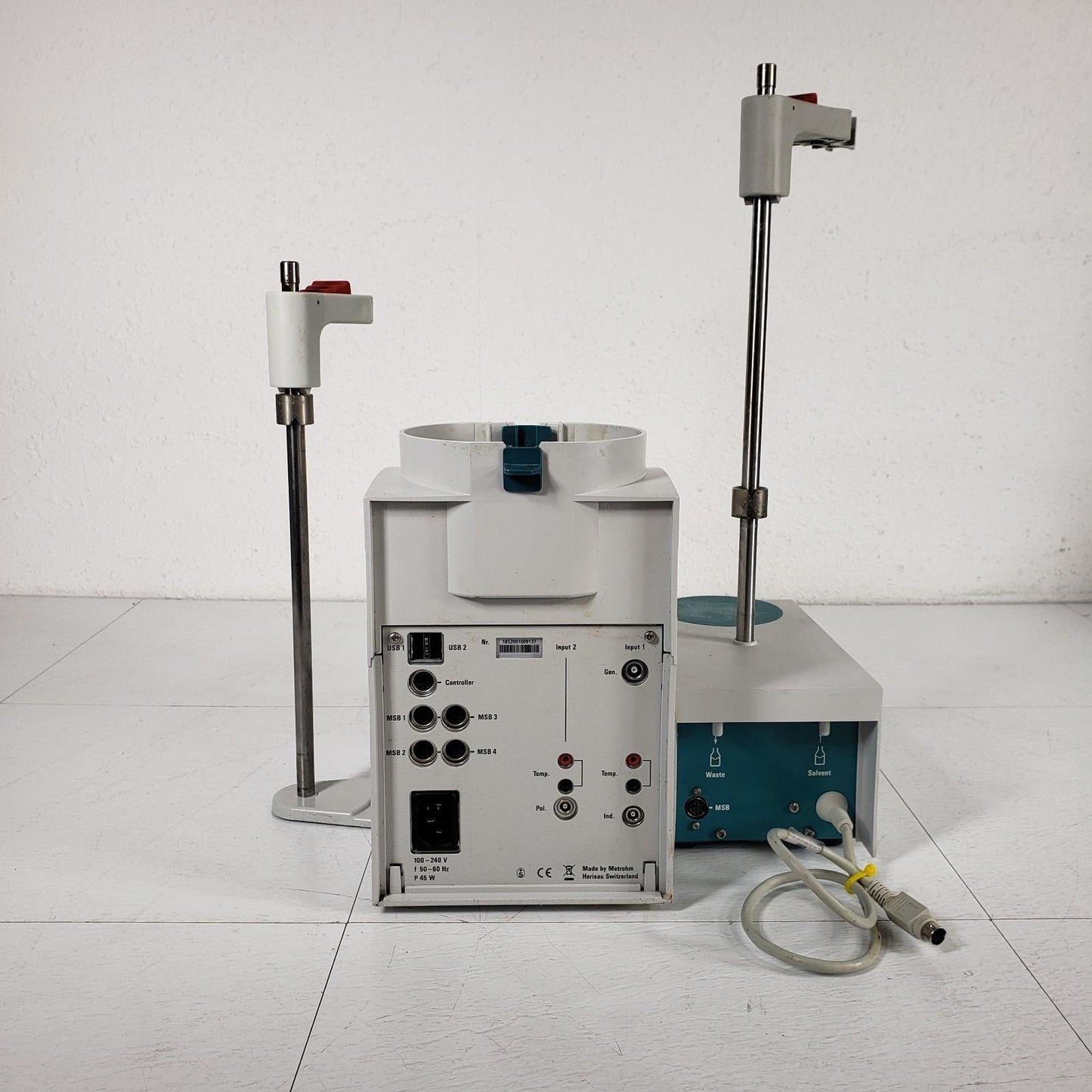 Metrohm 852 Titrando and 803 Ti Stand with Assorted Glassware, Tubing, and Rods