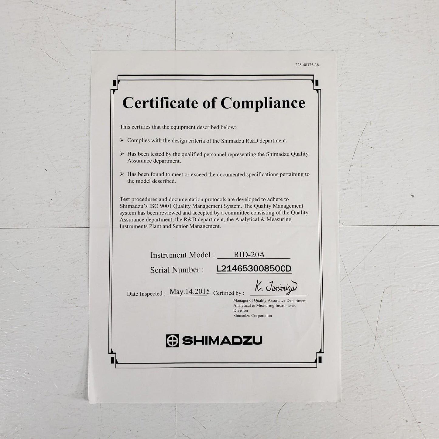 Shimadzu RID-20A Refractive Index Detector 228-45104-42 w/ Certification, Manual