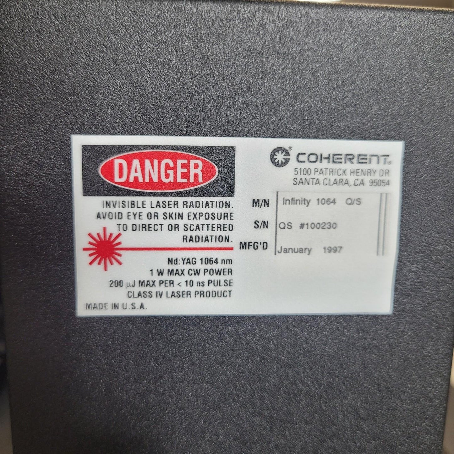 Coherent Infinity 40-100 Tunable Nd:YAG Laser Head 40 Watt Power 1064nm 532/355