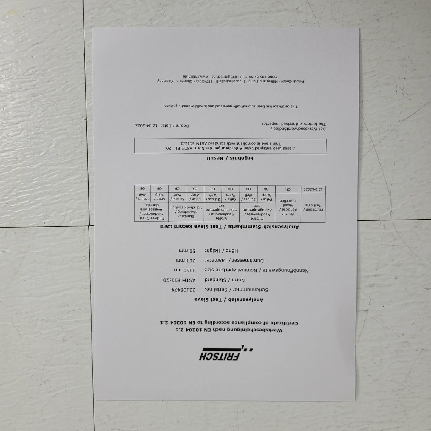 FRITSCH 35.2120.03 Test Sieve 8" DIA x 2" ASTM E11 3.35mm w/ Compliance Cert.