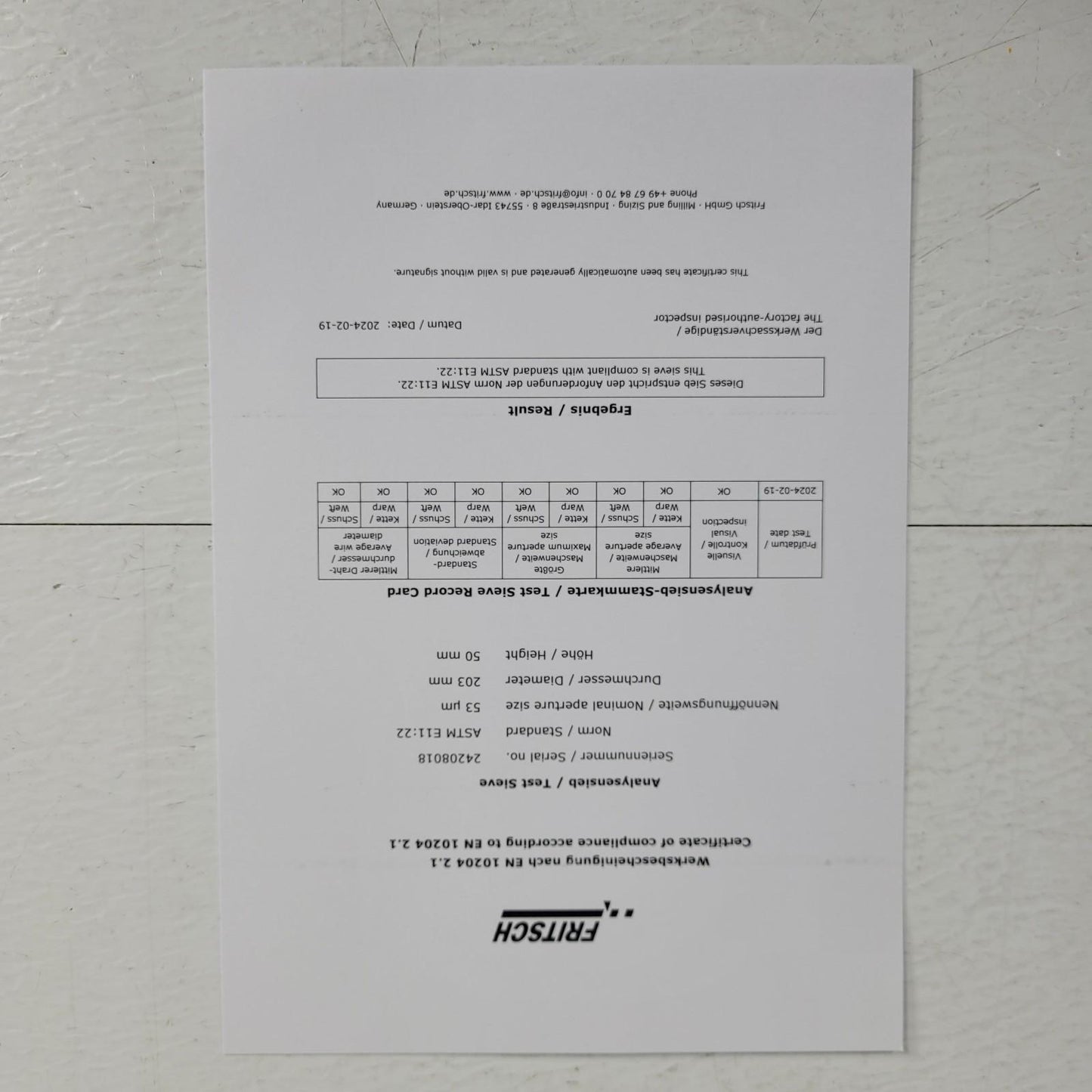 FRITSCH 8" DIA x 2" ASTM E11 53microns 35.6220.03 w/ Compliance Certificate