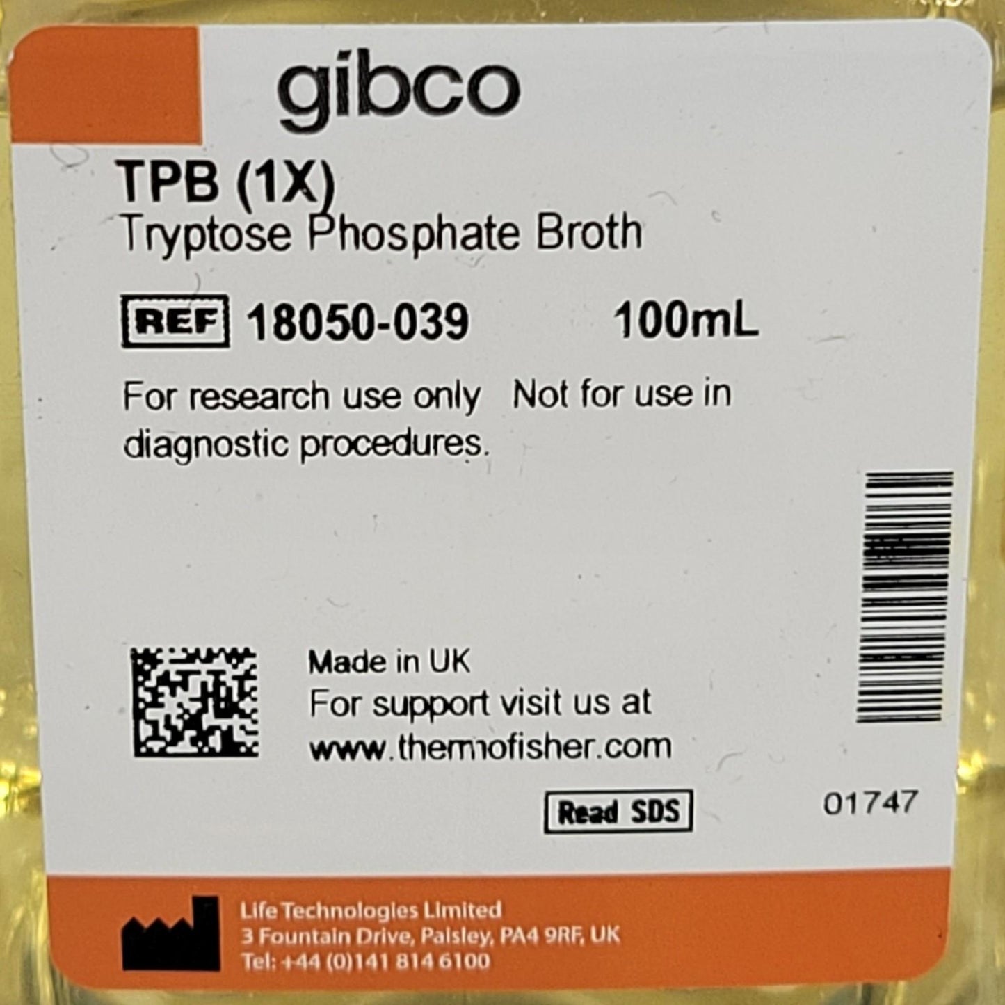 Thermo Gibco 18050-039 Tryptose Phosphate Broth TPB 1X 100ml Sterile