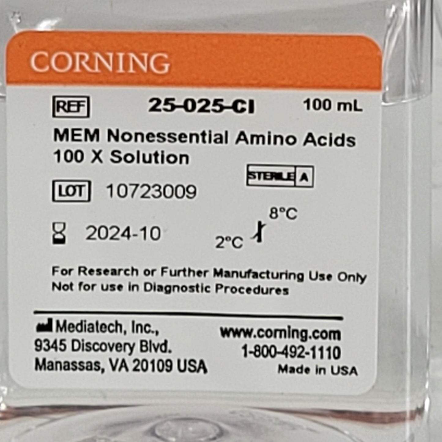 Corning 25-025-CI MEM Nonessential Amino Acids 100X Solution 100 ml Sterile