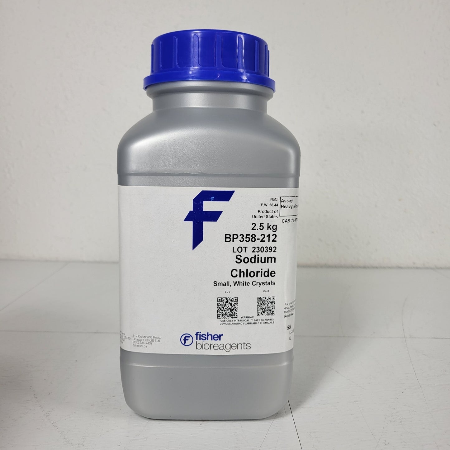 Fisher Bioreagents BP358-212 Sodium Chloride NaCl Small White Crystals 2.5kg