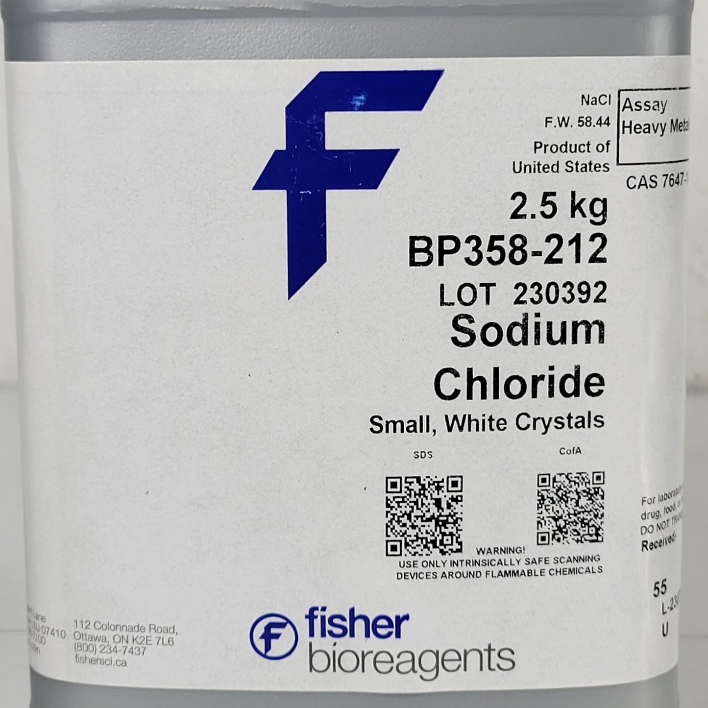 Fisher Bioreagents BP358-212 Sodium Chloride NaCl Small White Crystals 2.5kg