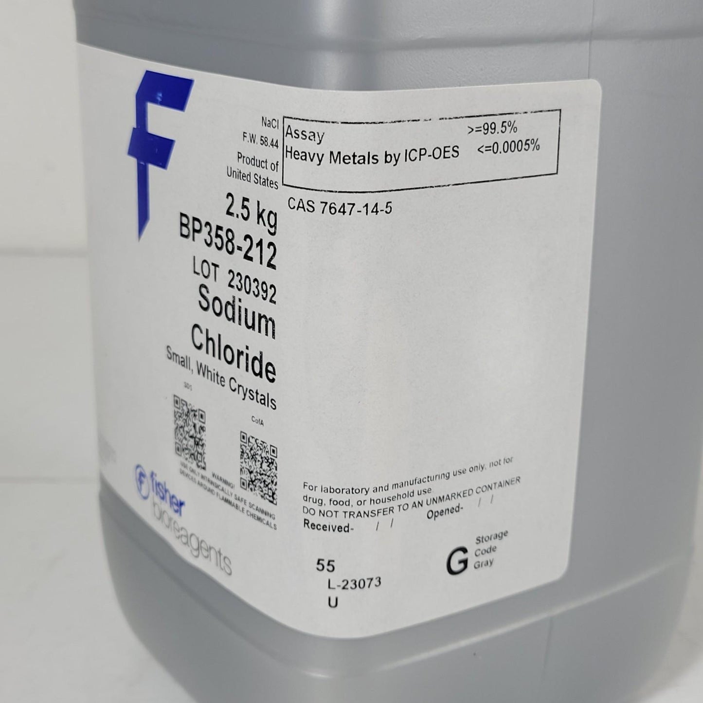 Fisher Bioreagents BP358-212 Sodium Chloride NaCl Small White Crystals 2.5kg