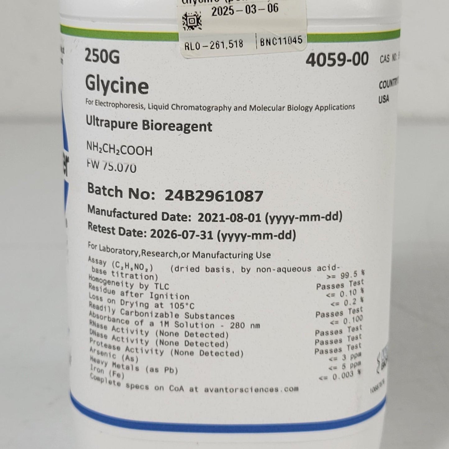 Avantor J.T. Baker 4059-00 Glycine NH2CH2COOH Ultrapure Bioreagent 250G