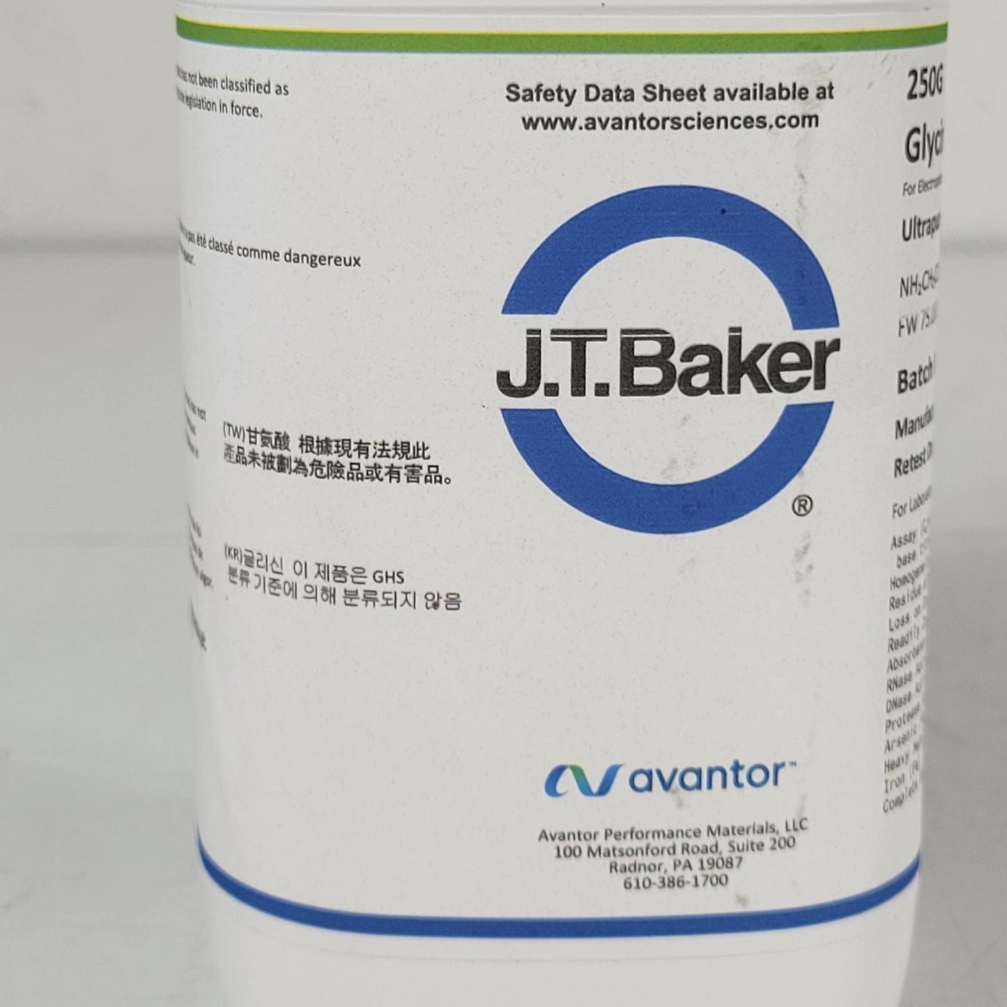 Avantor J.T. Baker 4059-00 Glycine NH2CH2COOH Ultrapure Bioreagent 250G