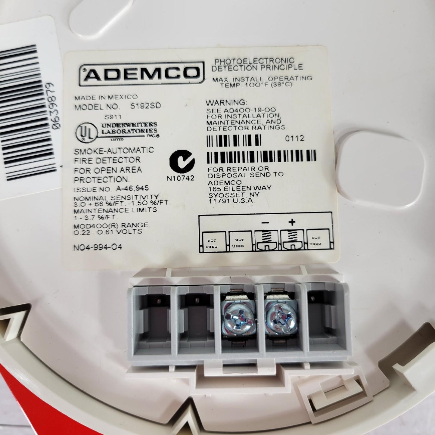 Ademco 5192SD Smoke Automatic Fire Detector For Open Area Protection 100°F Max