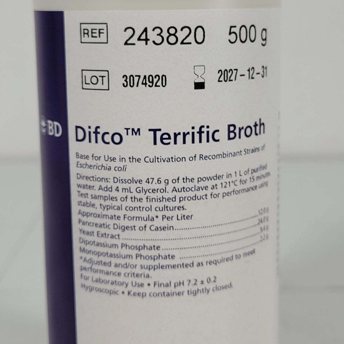 Becton Dickson BD Difco 243820 Terrific Broth Cultivation Recombinant 500 g