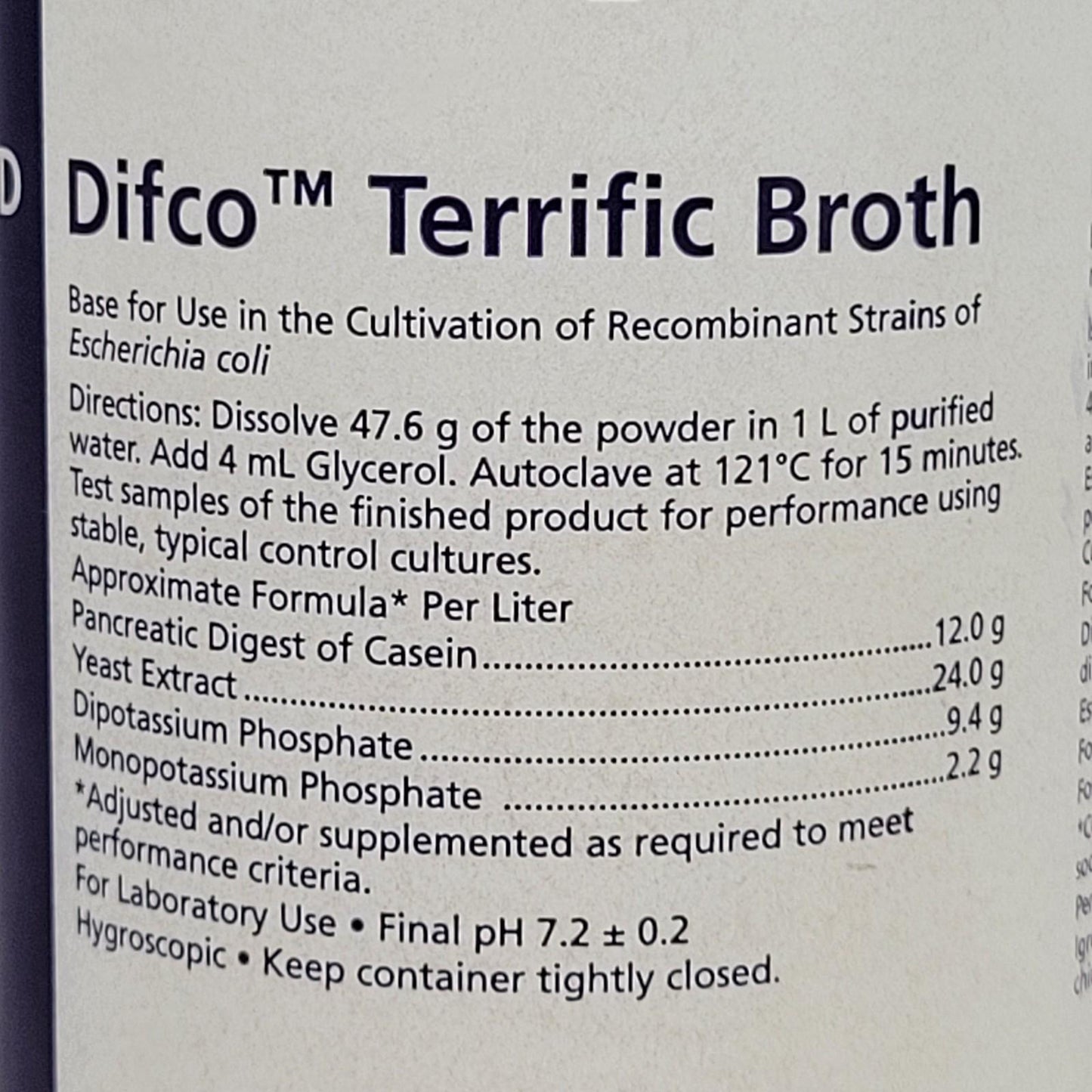 Becton Dickson BD Difco 243820 Terrific Broth Cultivation Recombinant 500 g