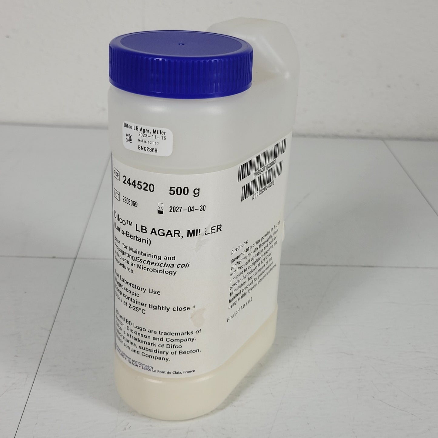 BD Difco 244520 LB Agar, Miller (Laura-Bertani) Base Maintianing E. coli 500 g