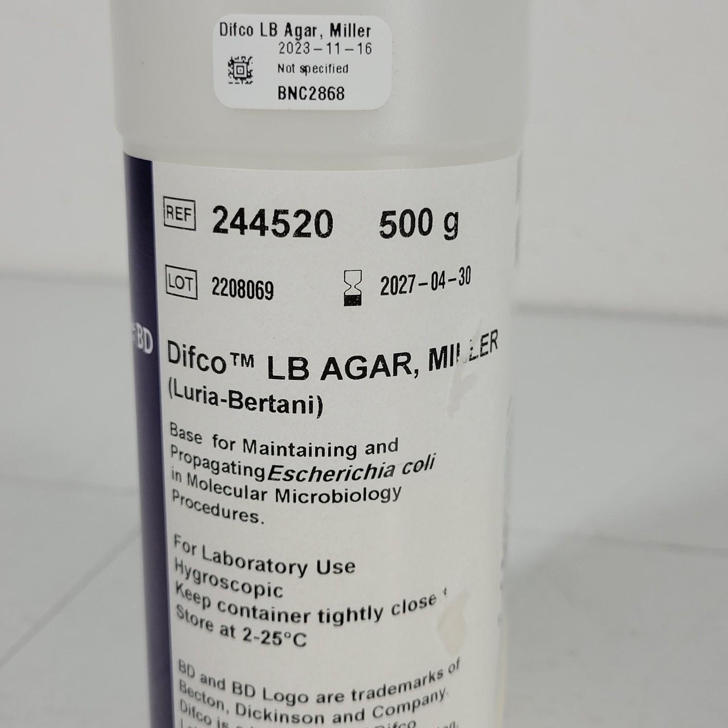 BD Difco 244520 LB Agar, Miller (Laura-Bertani) Base Maintianing E. coli 500 g