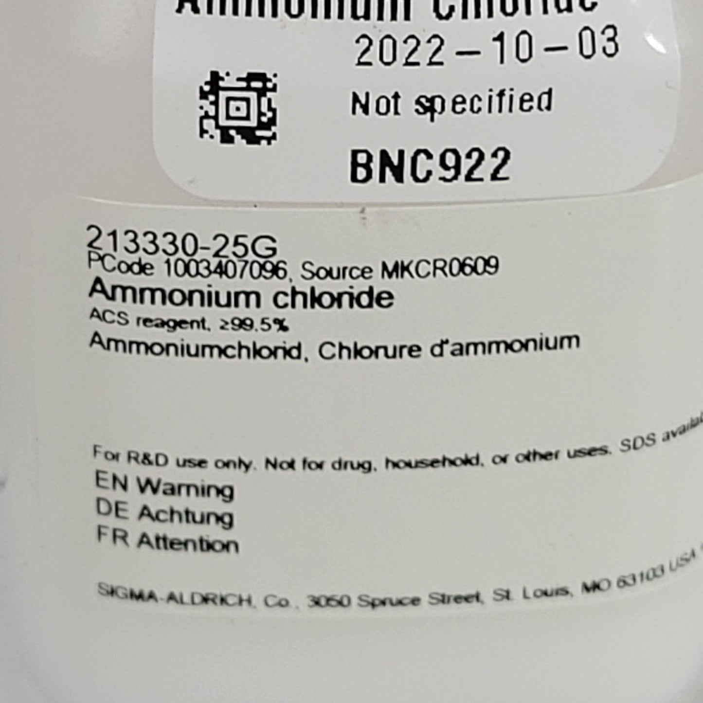 Sigma-Aldrich 213330-25g Ammonium Chloride ACS Reagent ≥99.5% NH4Cl 25g