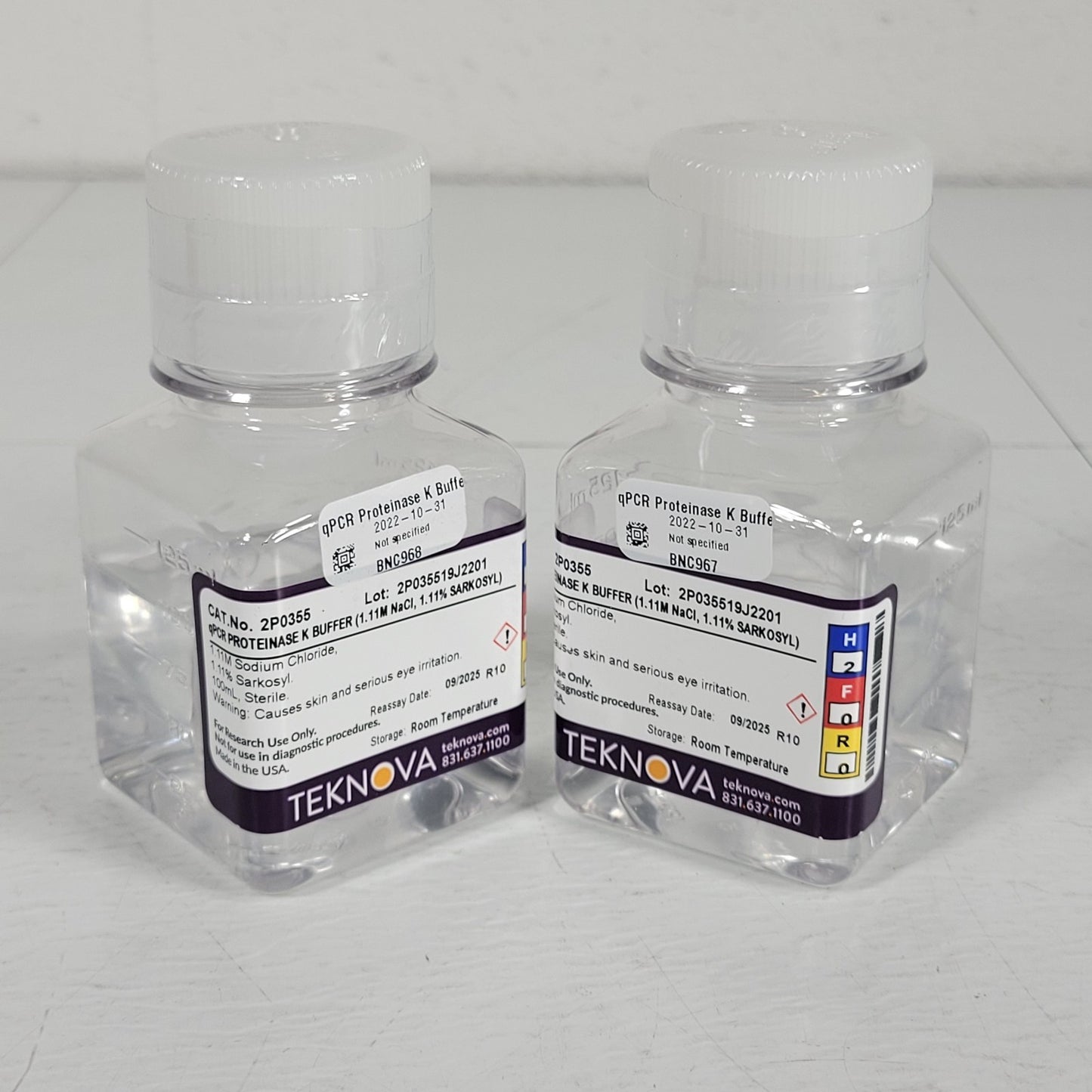 Lot of 2 Teknova 2P0355 qPCR Proteinase K Buffer 100 mL Each