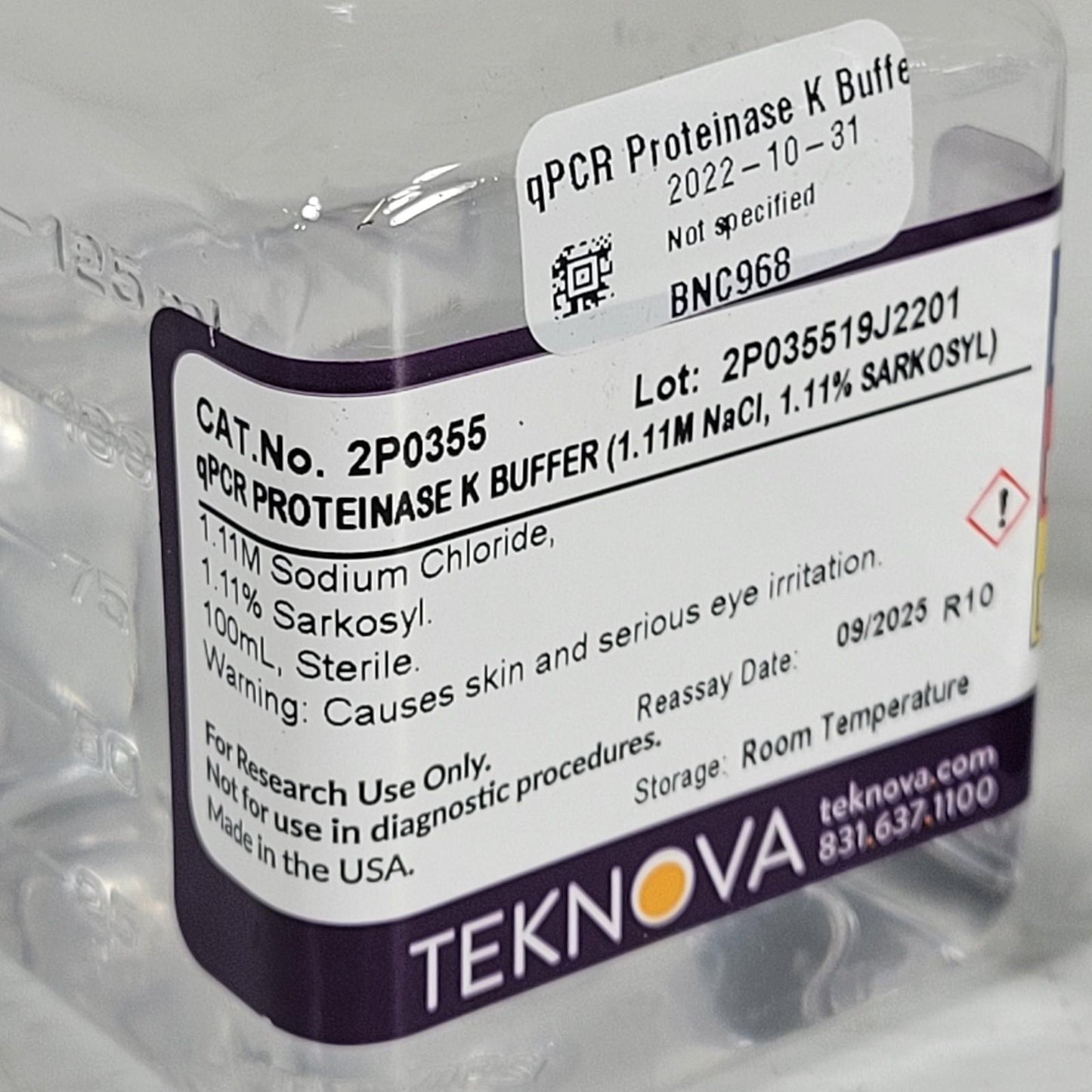 Lot of 2 Teknova 2P0355 qPCR Proteinase K Buffer 100 mL Each