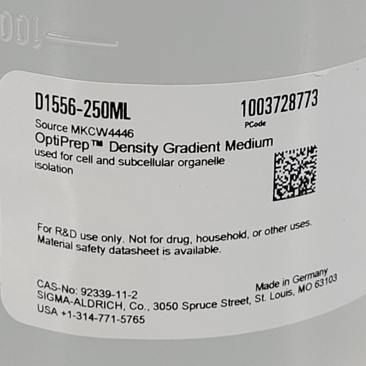 Sigma-Aldrich Millipore D1556-250mL OptiPrep Density Gradient Medium Iodixanol