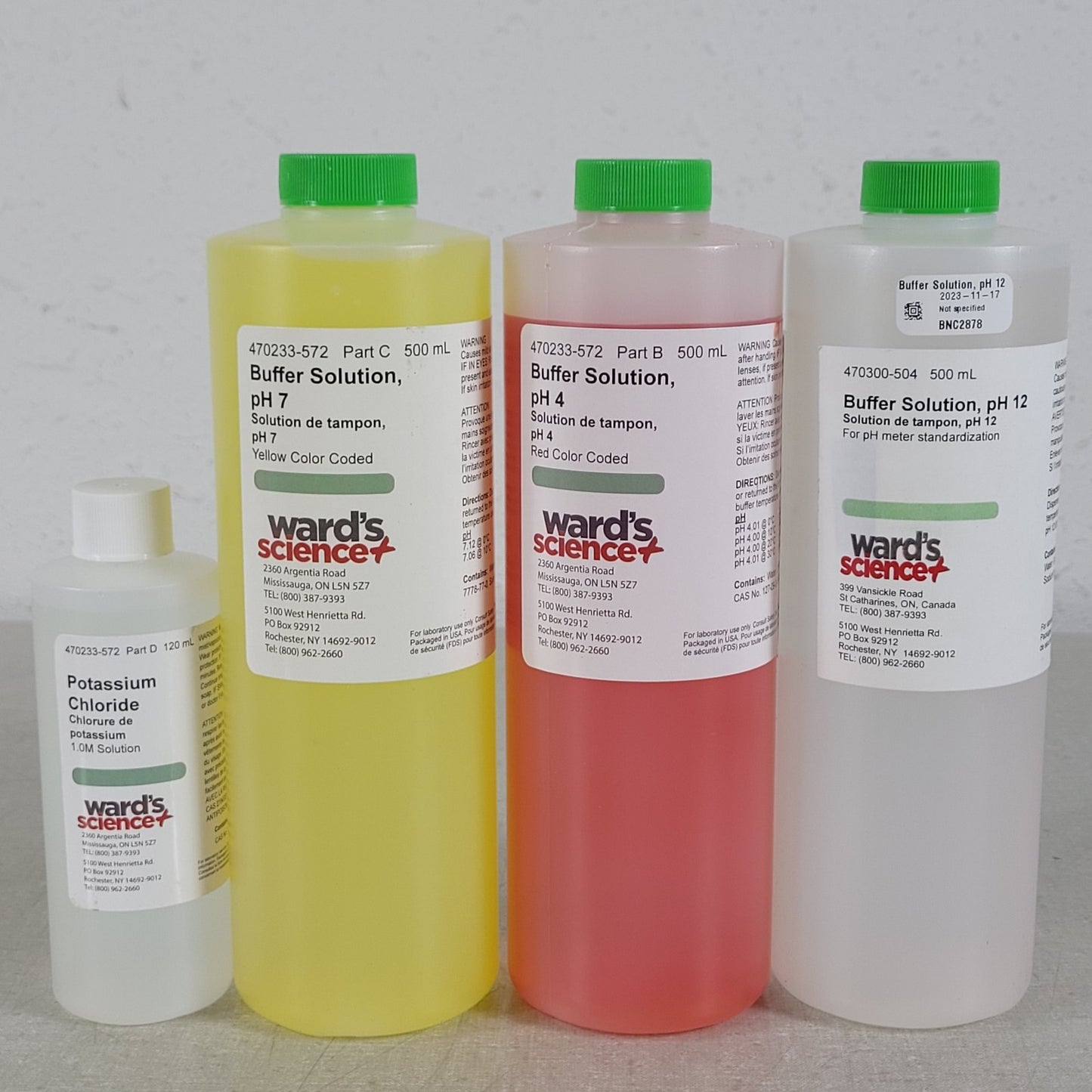 Parts of Ward's 470233-572 pH Buffer Kit pH 7 pH 4 pH 12 Potassium Chloride