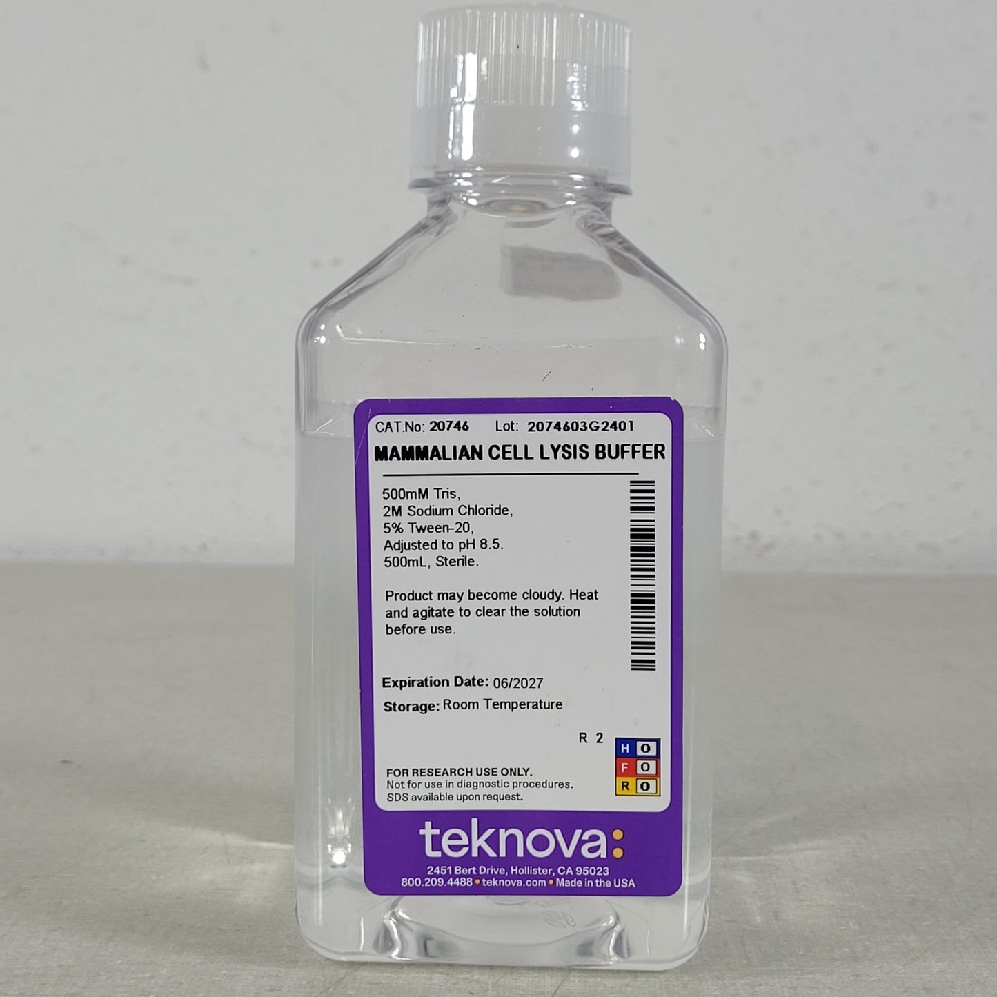Teknova 20746 Mammalian Cell Lysis Buffer 500 mL Sterile pH 8.5