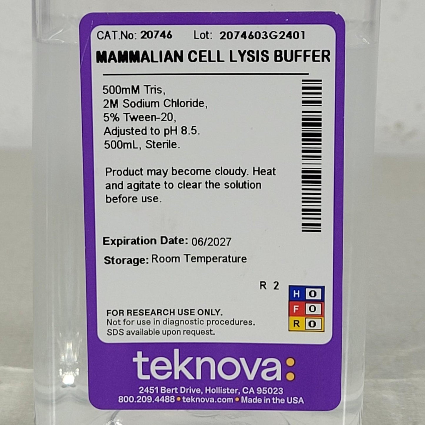 Teknova 20746 Mammalian Cell Lysis Buffer 500 mL Sterile pH 8.5