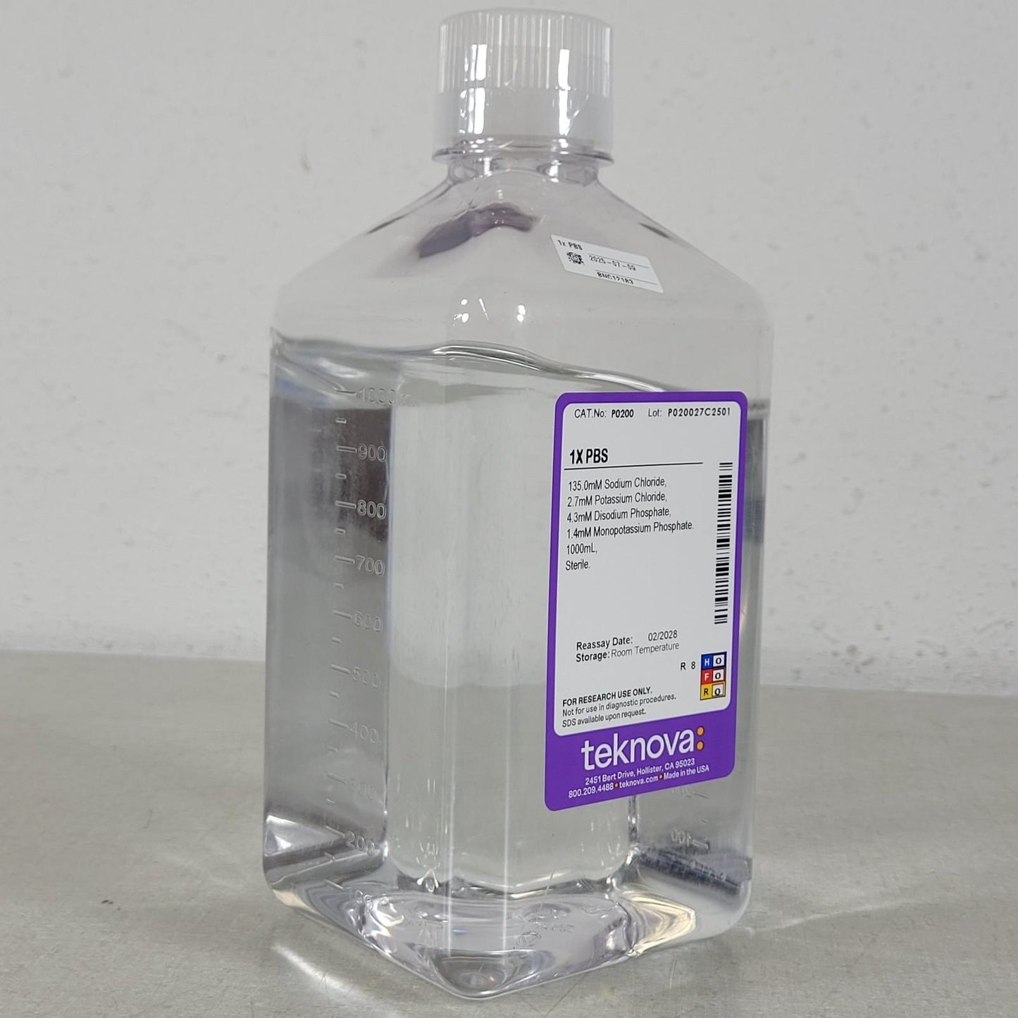 Teknova P0200 1X Phosphate-Buffered Saline PBS pH 7.4 Sterile 1000mL
