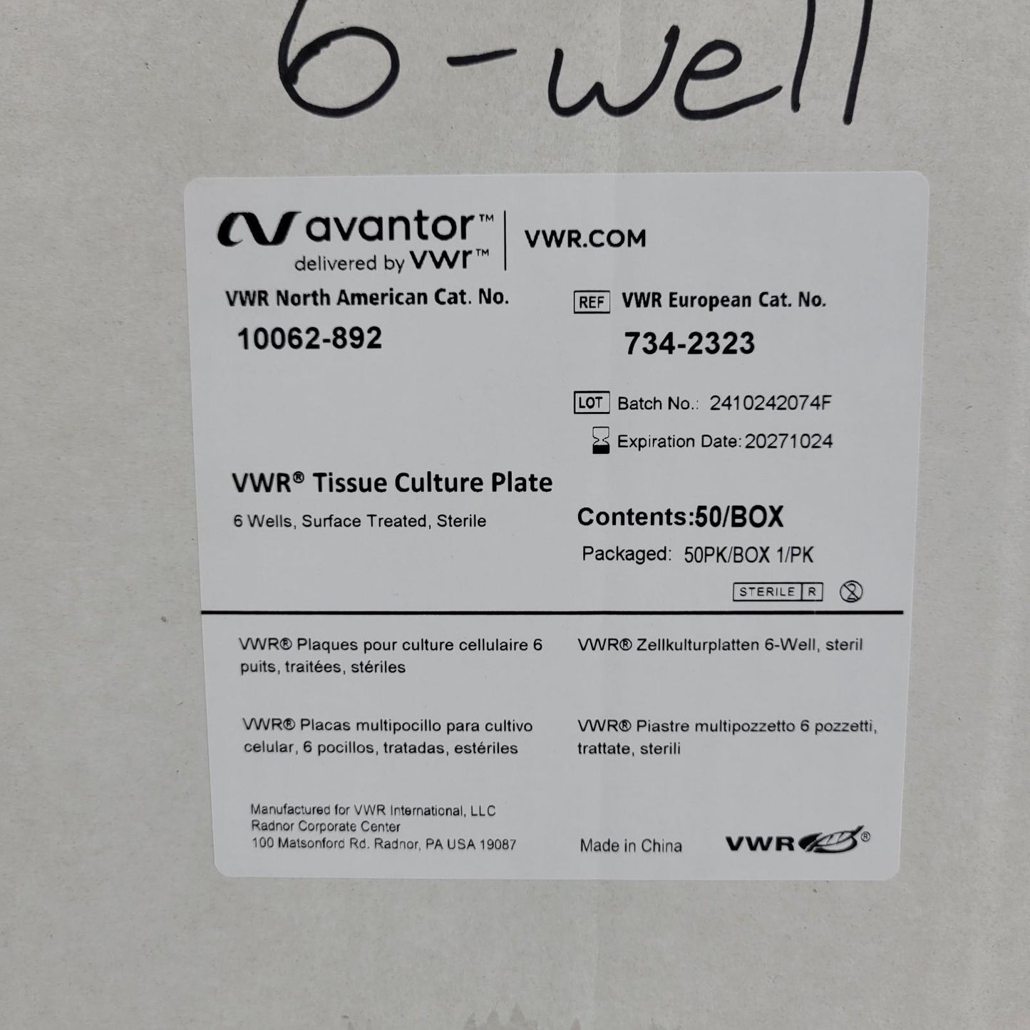 34PK Avantor 10062-892 VWR Tissue Culture Plate 6 Well Surface Treated