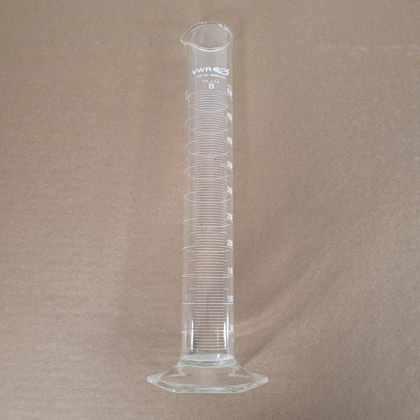 VWR 89000-274 500mL Graduated Cylinder 500mL Glass +- 2.6mL Tolerance