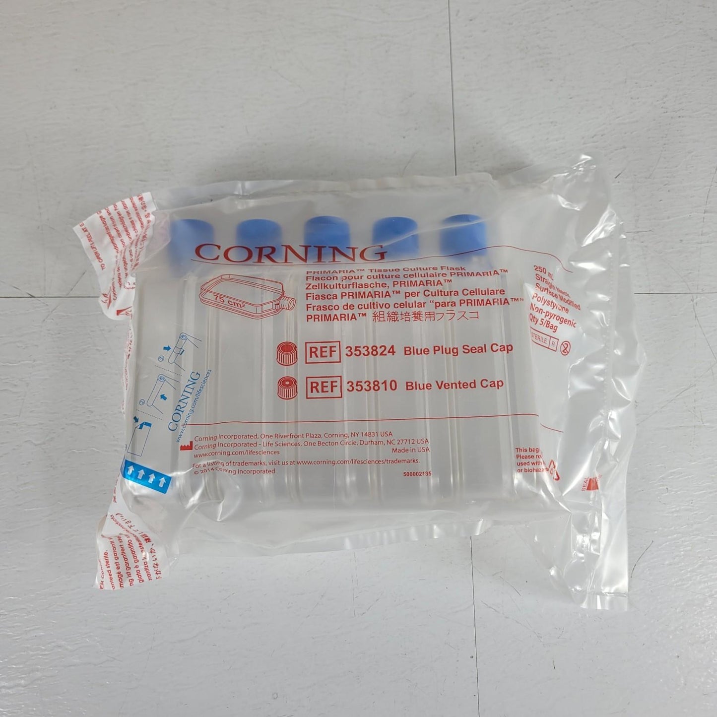 Corning 353810 Primaria Tissue Culture Flask 250mL 75cm² Straight Neck Blue Cap