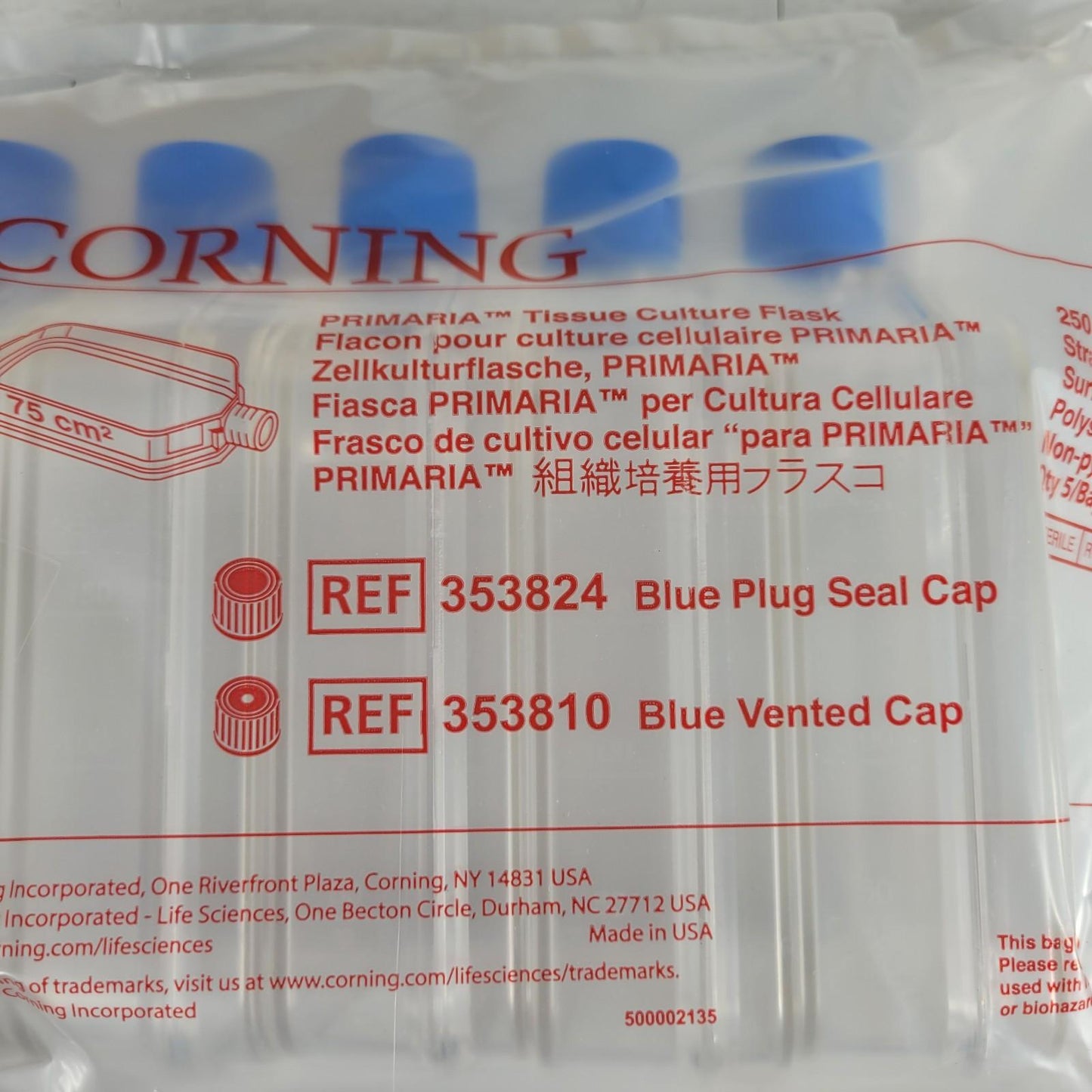 Corning 353810 Primaria Tissue Culture Flask 250mL 75cm² Straight Neck Blue Cap