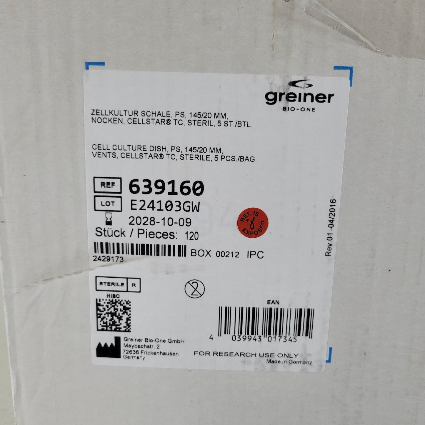 120/ct Greiner Bio-One 639160 Cellstar Cell Culture Dish 145/20mm Vents