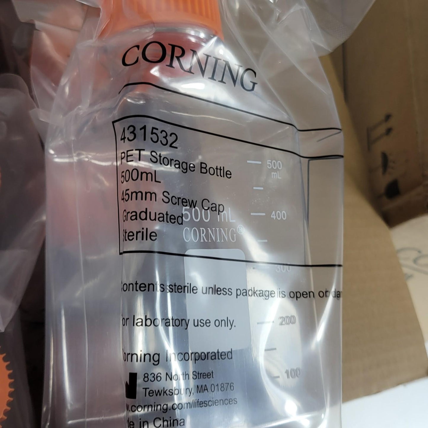 Corning 431532 PET Storage Bottle 500mL 45mm Screw Cap Graduated Sterile 12/Pk