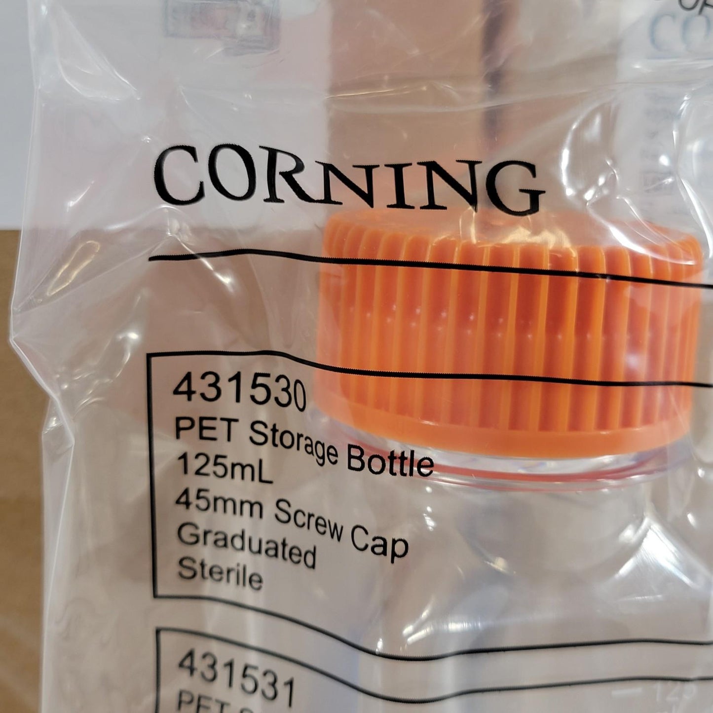 24/Case Corning 431530 PET Storage Bottle 125mL 45mm Screw Cap Graduated