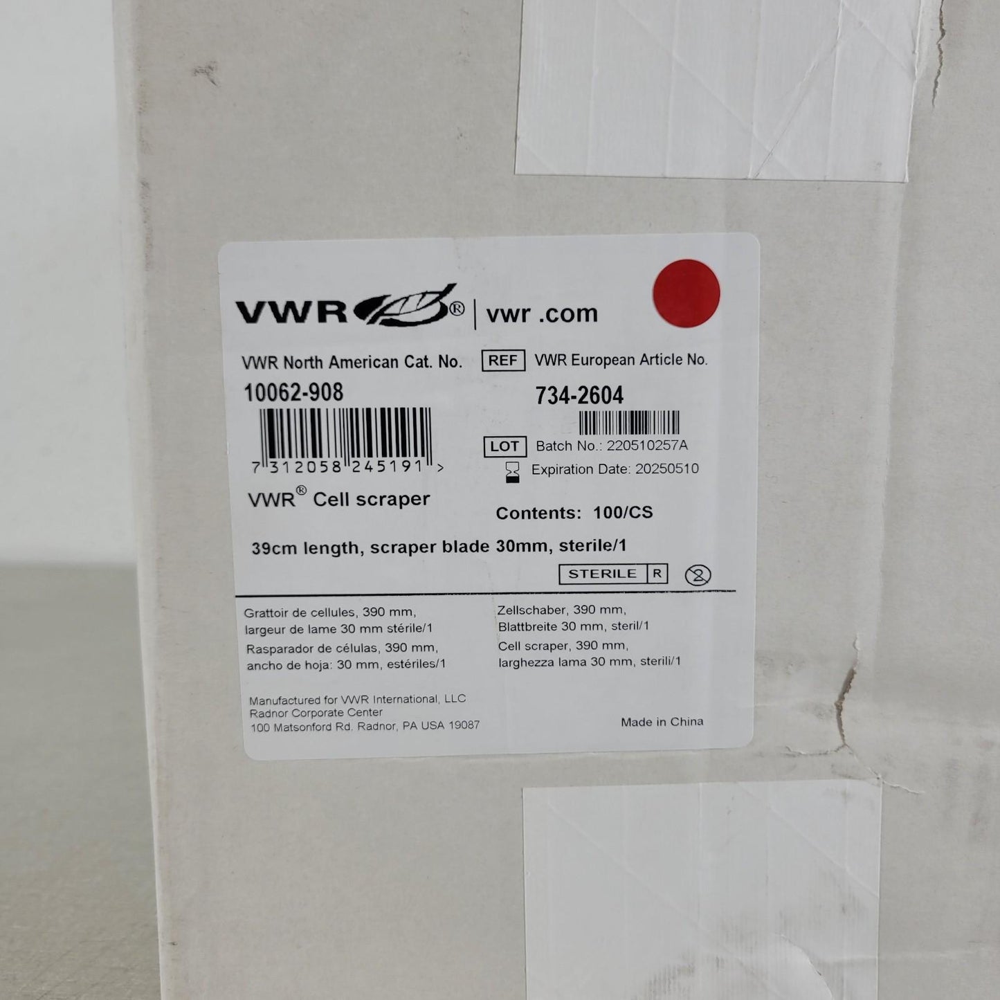 VWR 10062-908 Cell Scraper 39cm Length Scraper Blade 30mm Case of 100