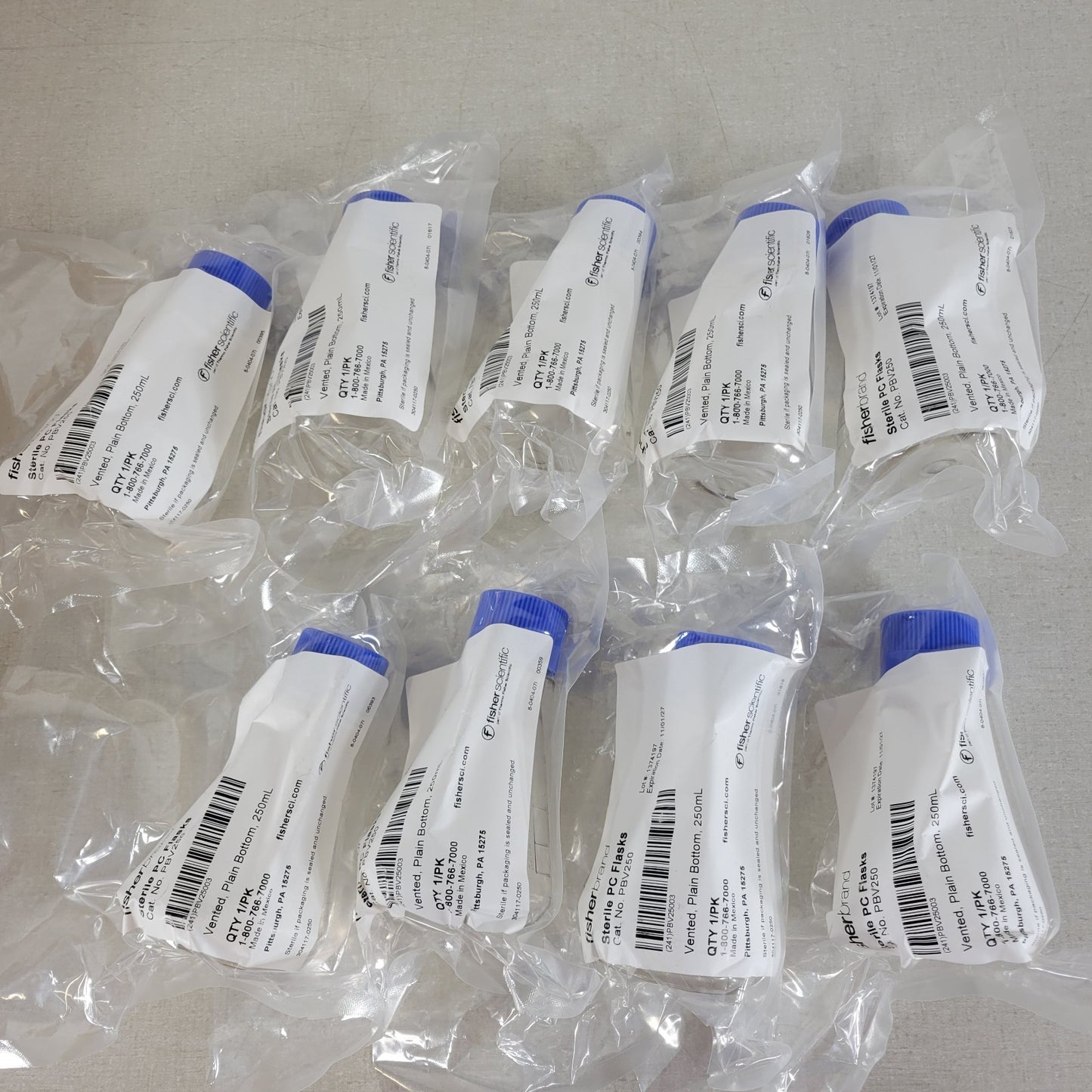 Lot of 9 Fisherbrand PBV250 PC Plain Bottom Vented Shaker Flasks 250mL