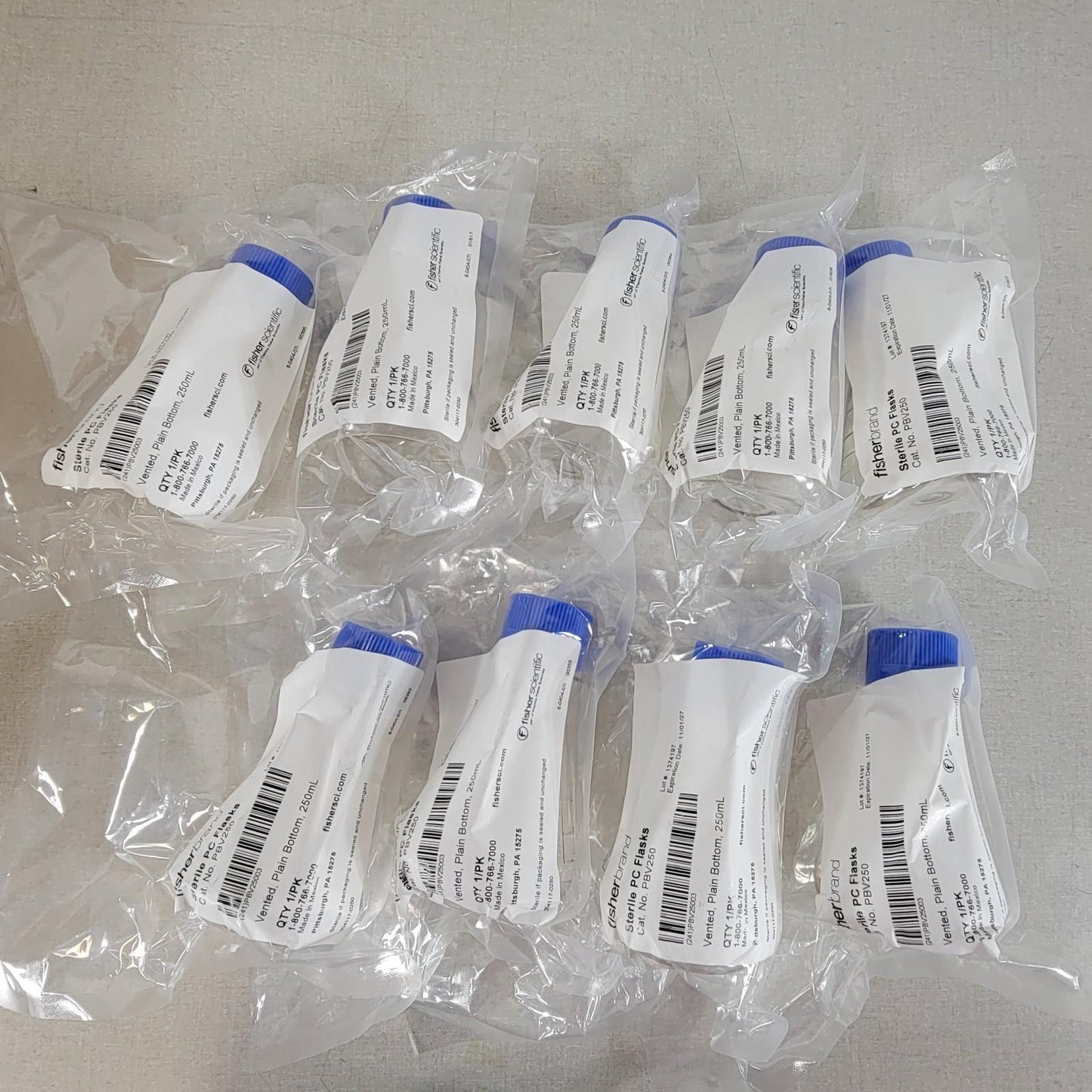 Lot of 9 Fisherbrand PBV250 PC Plain Bottom Vented Shaker Flasks 250mL