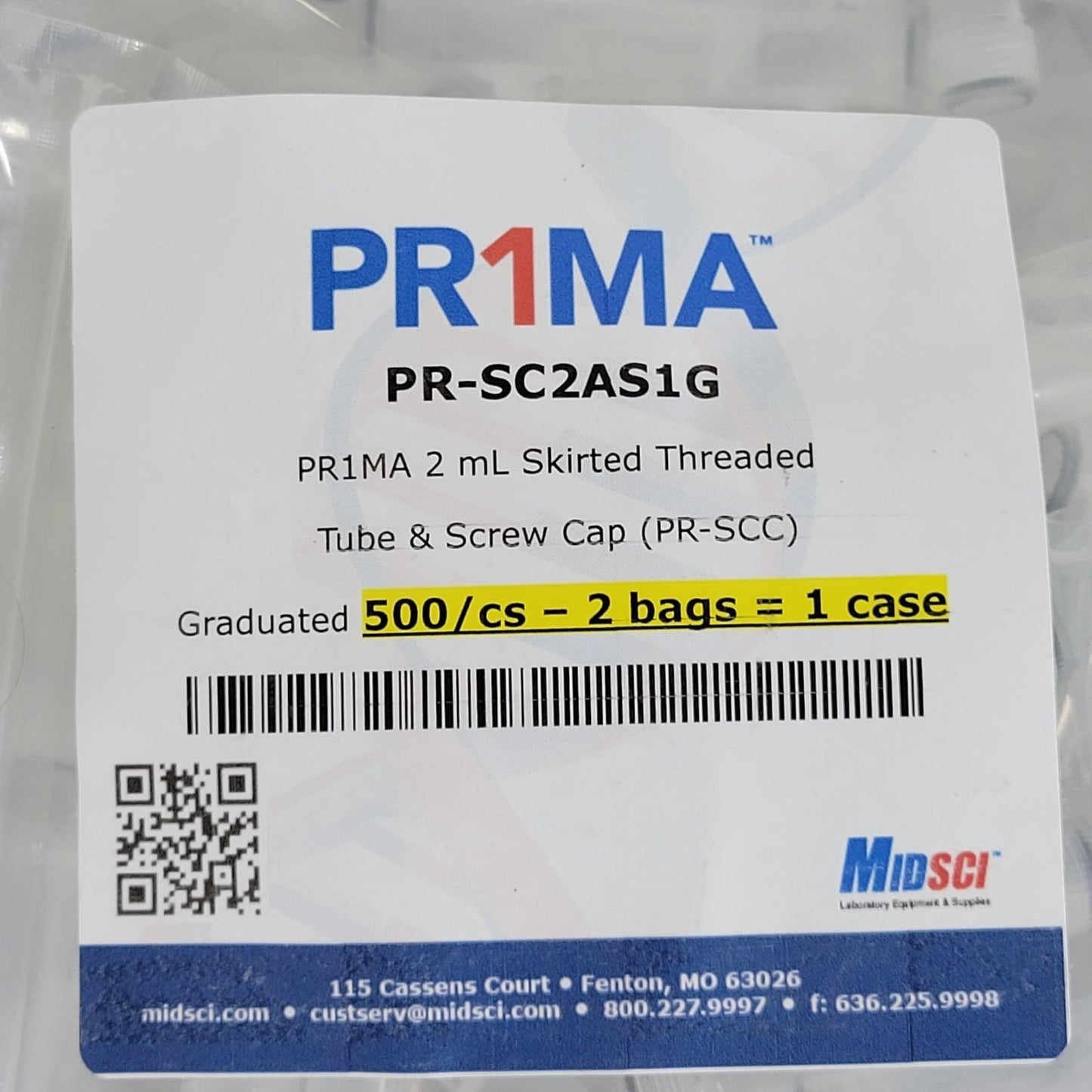 MIDSCI Pr1ma PR-SC2AS1G 2mL Skirted Threaded Tube & Screw Cap Graduated 500/cs
