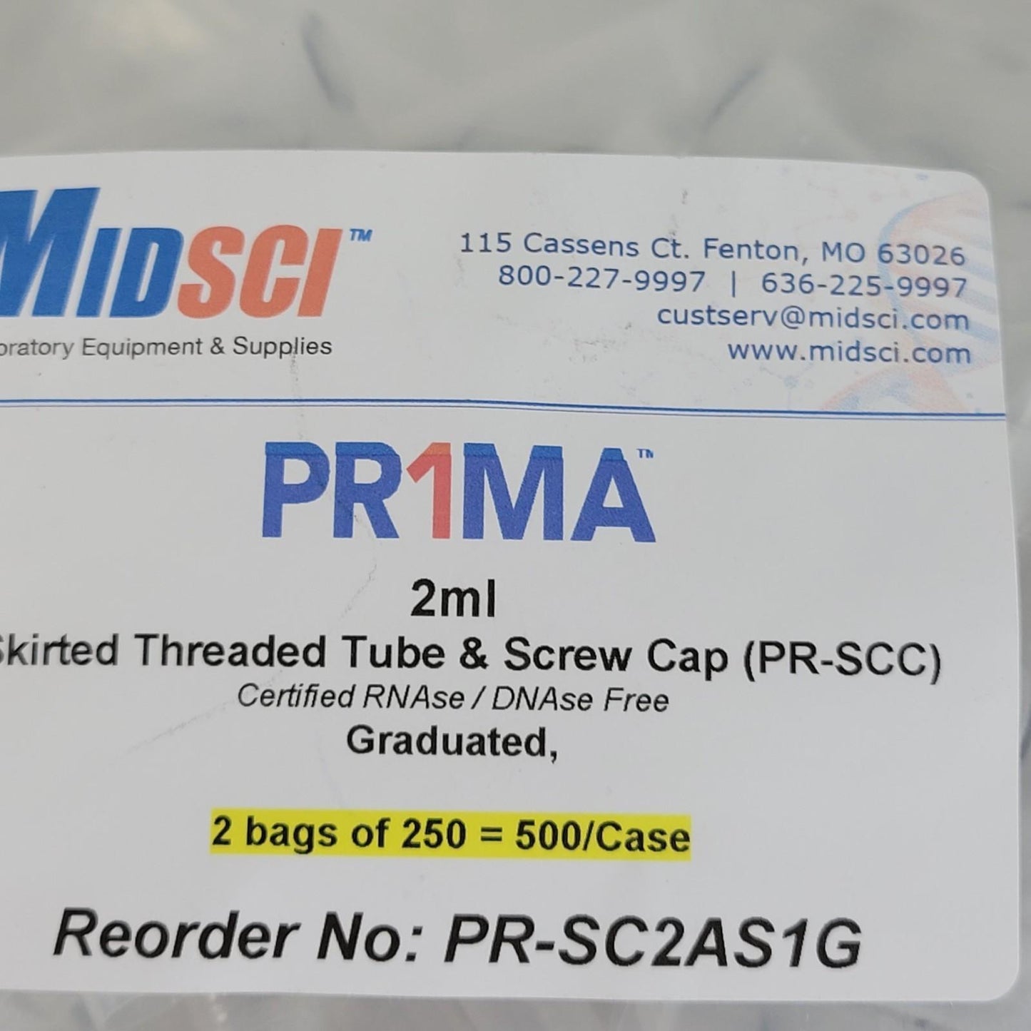 MIDSCI Pr1ma PR-SC2AS1G 2mL Skirted Threaded Tube & Screw Cap Graduated 500/cs