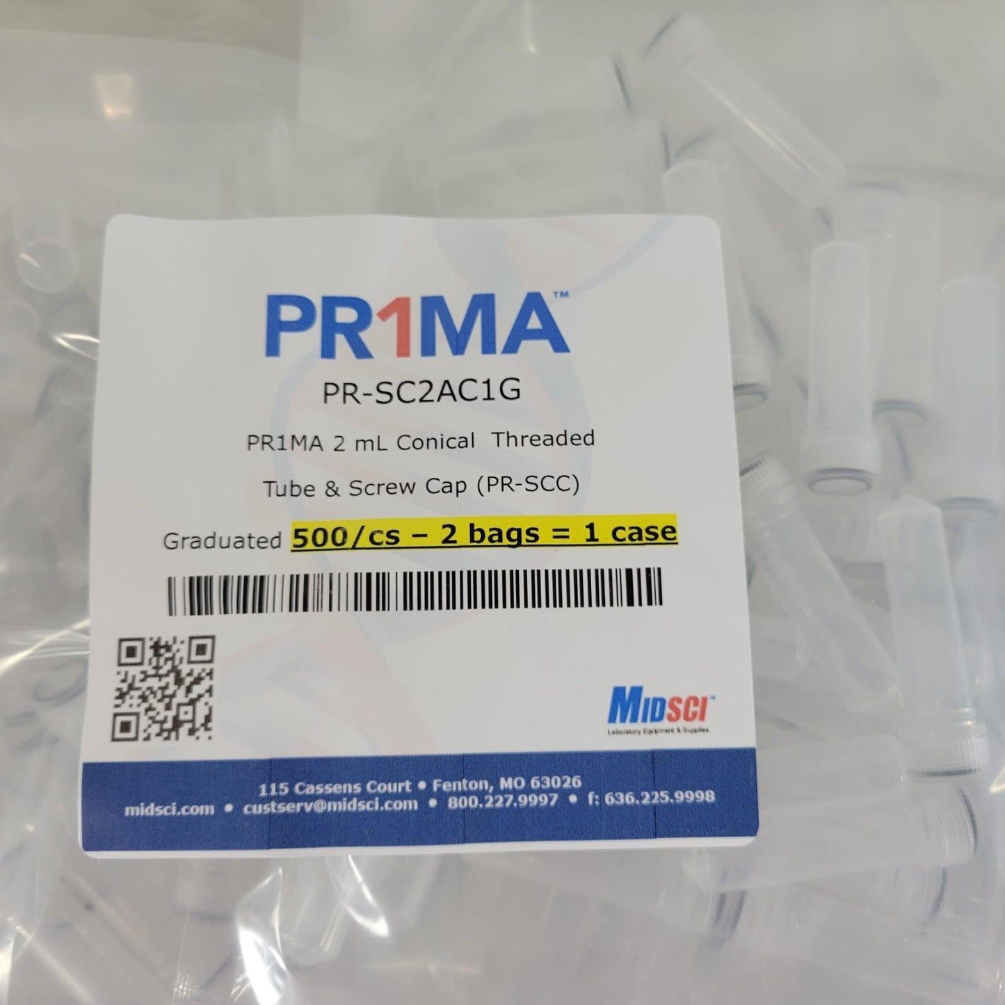 MIDSCI Pr1ma PR-SC2AC1G 2mL Conical Threaded Tube & Screw Cap 500/cs