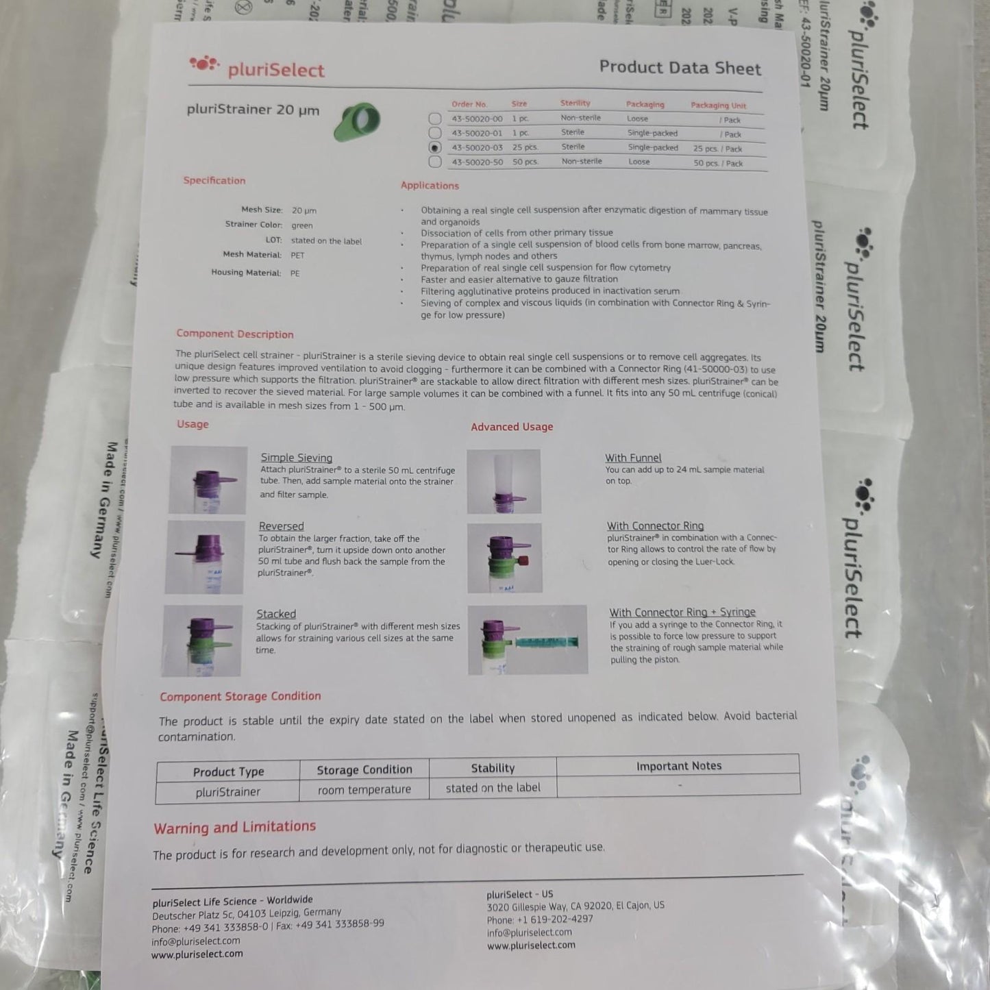 PluriSelect 43-50020-01 pluriStrainer 20 μm Cell Strainer 25Count Sieving Filter