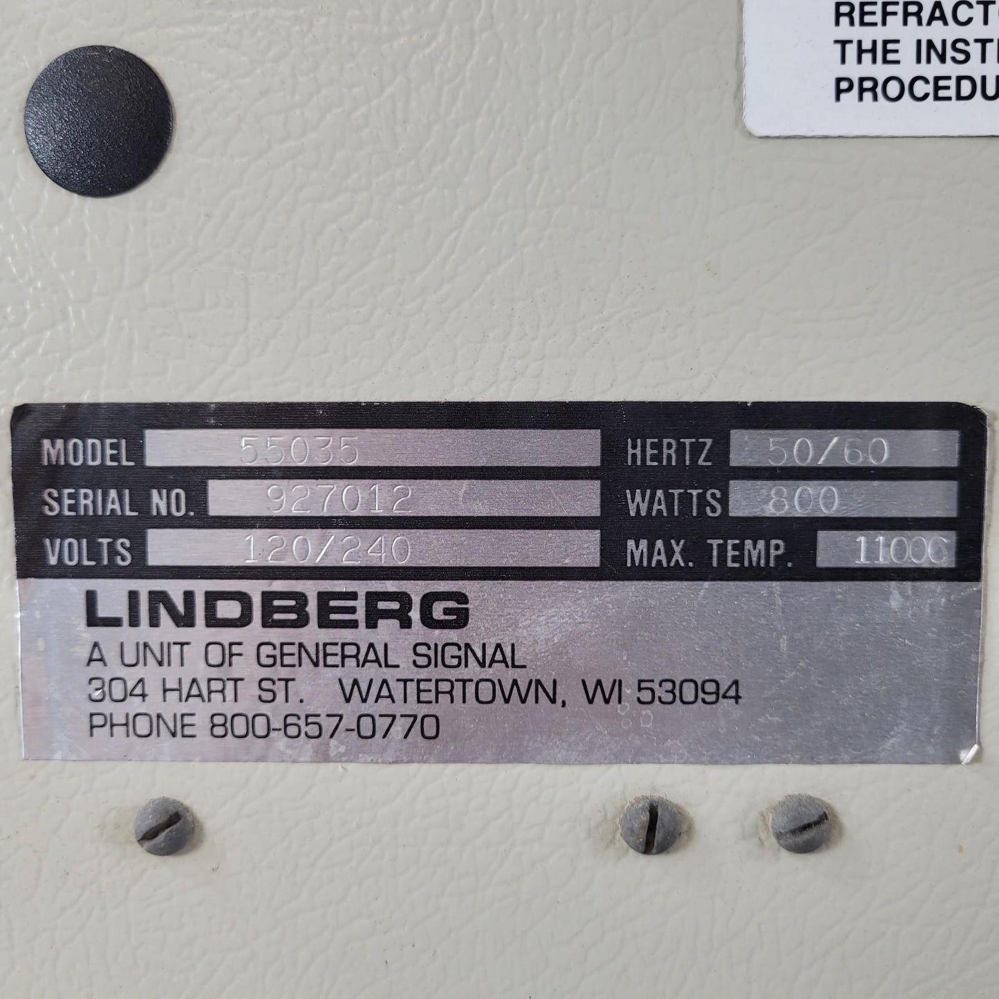 TESTED TO 1050°C Lindberg 55035 Ceramic Oven Tube Furnace 120/240 V 800 Watts