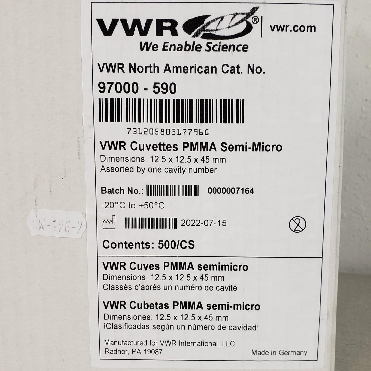 VWR 97000-590 Cuvettes PMMA Semi-Micro 12.5x12.5x45mm Spectrophotometry 330 pcs