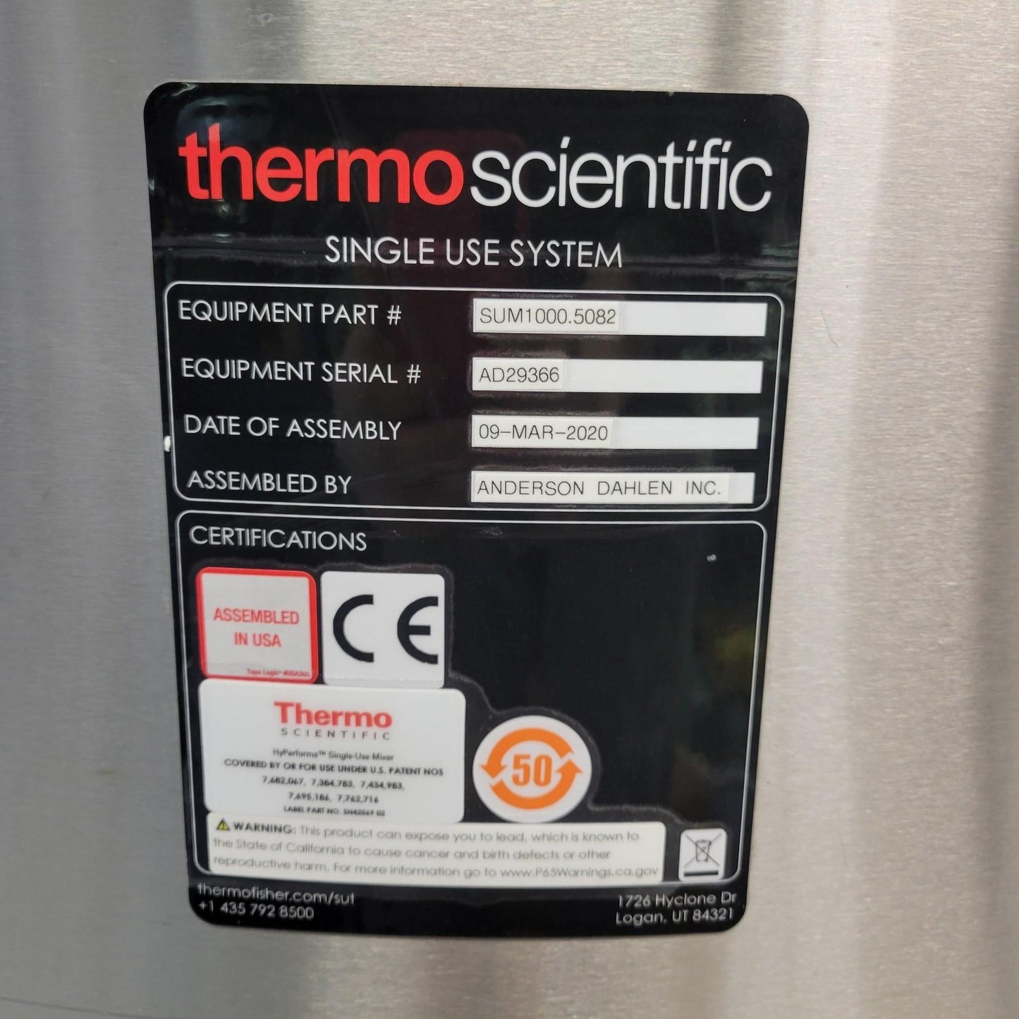 2020 Thermo HyPerforma 1000L Single-Use Mixer SUM1000.5082 Non-Jacketed