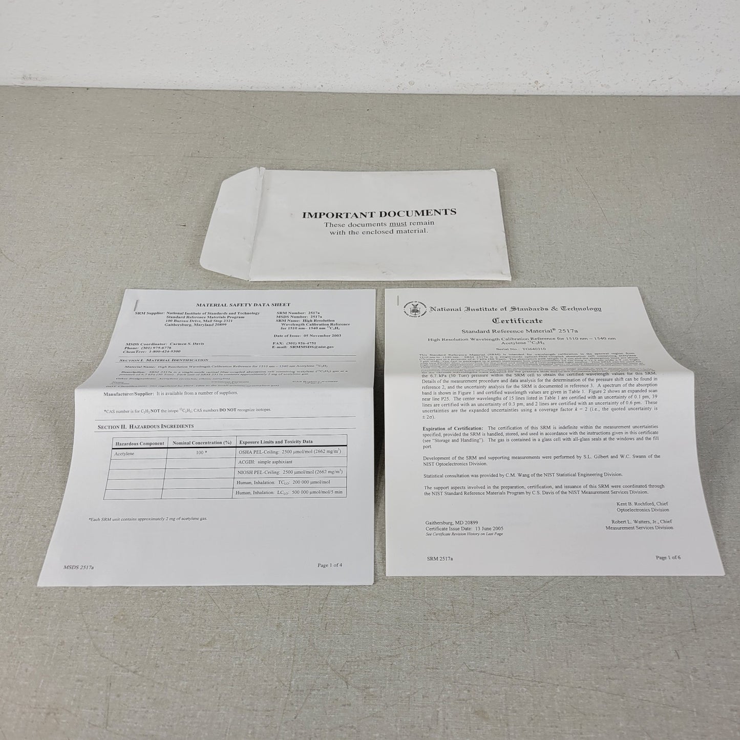 NIST 2517a High Resolution Wavelength Calibration Reference Certificate TG640310