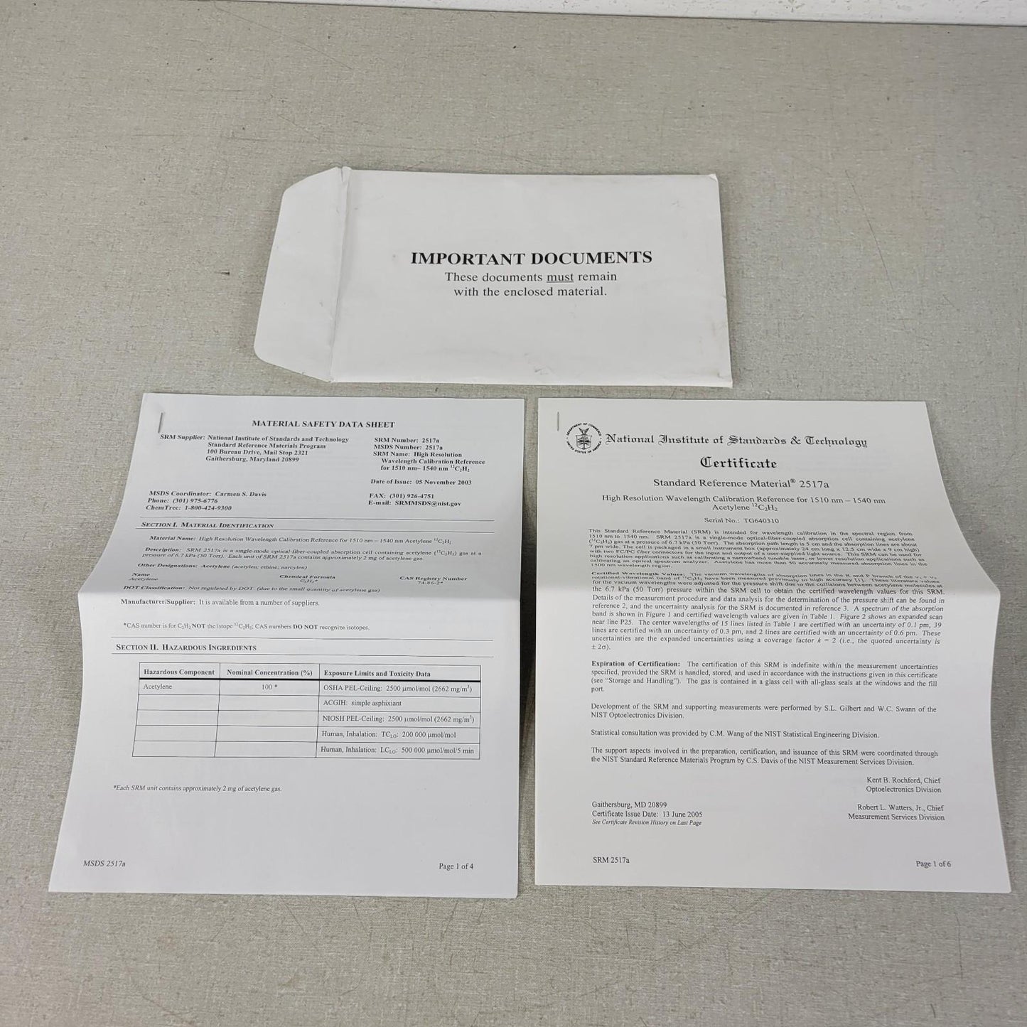 NIST 2517a High Resolution Wavelength Calibration Reference Certificate TG640310